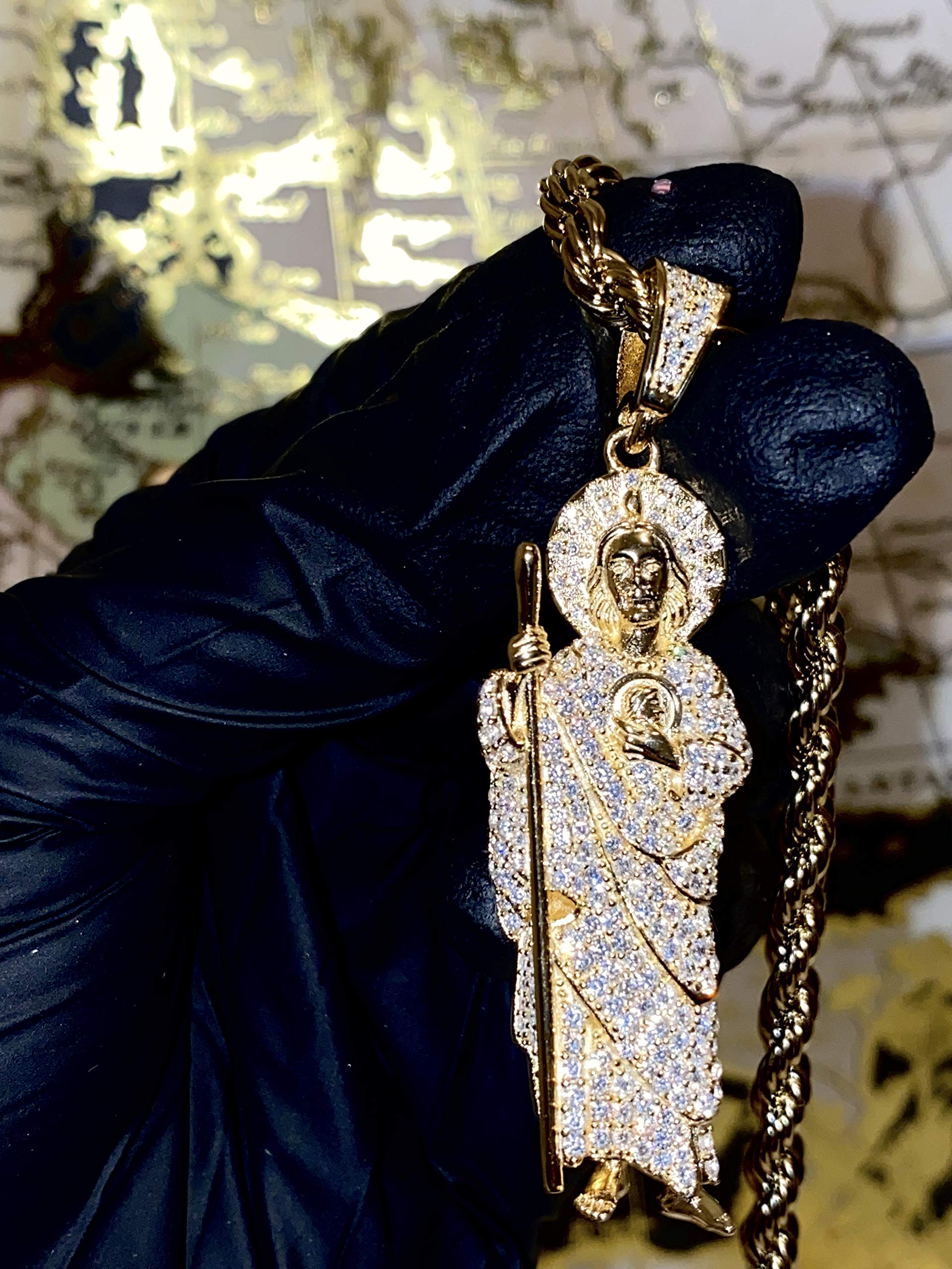 925 Sterling Silver Iced Out Saint Jude Pendant Necklace for Men & Women - 2mm Stainless Steel Rope Chain, Gold Finish - Perfect for Gifts, Everyday Wear & Religious Jewelry Collection