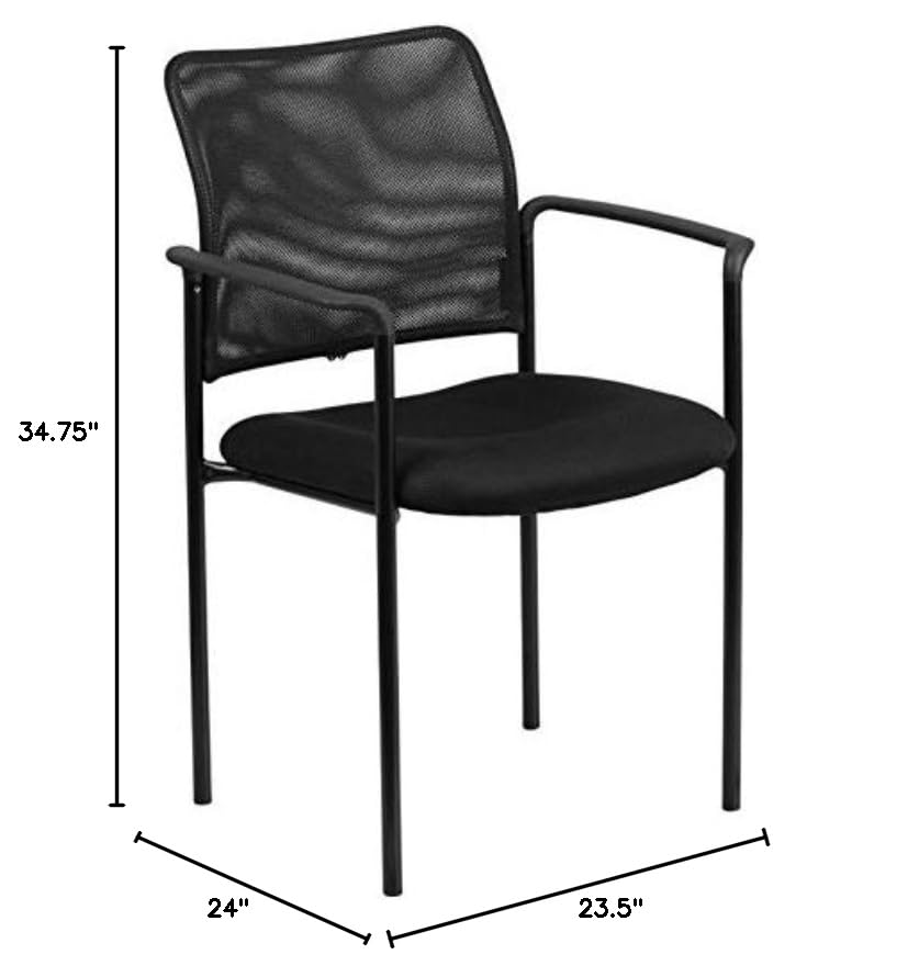BOWERY HILL Black Mesh Stacking Side Arm Chair - Modern Outdoor Patio Dining & Poolside Seating Furniture