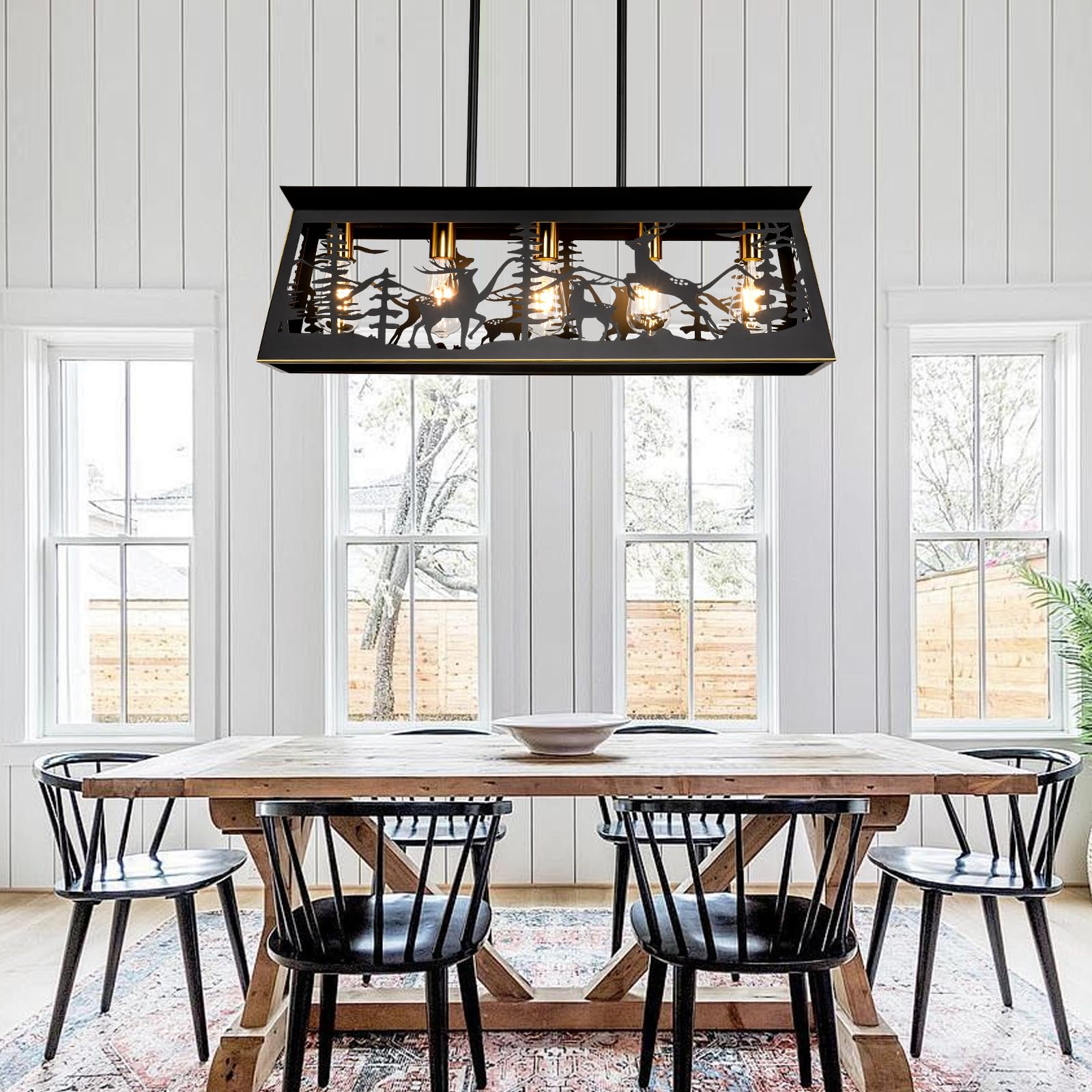 32-Inch Black Rustic Farmhouse Chandelier - 5-Light Kitchen Island Lighting, Deer Design Dining Room Fixture for Rustic Decor, Perfect Over Tables in Dining Rooms and Kitchens
