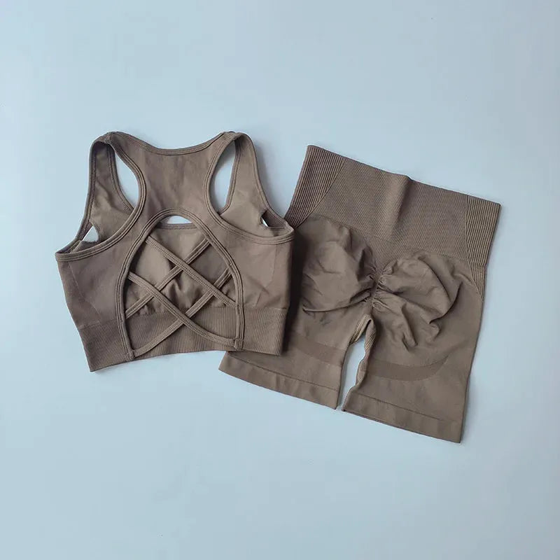 2 PCS Women's Seamless Yoga Set - Sexy Sports Bra & High Waist Workout Shorts - Gym Clothing for Women - Fitness Activewear Set - Perfect for Yoga, Pilates, Running & Gym Training