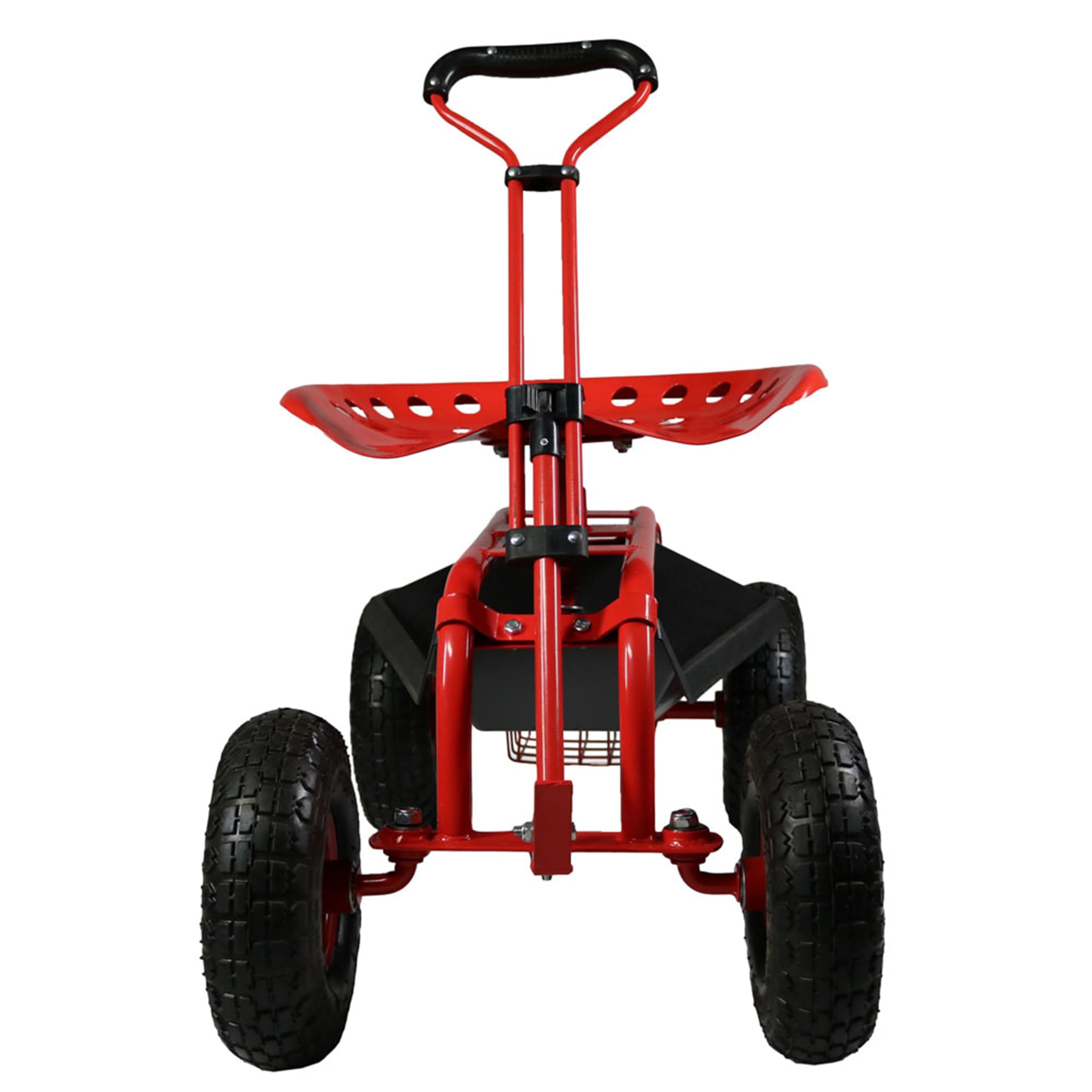 Sunnydaze Heavy Duty Garden Cart with Extendable Handle & Swivel Seat - Utility Rolling Scooter with Storage Basket - Outdoor Yard Work, Gardening & Home Improvement - Red