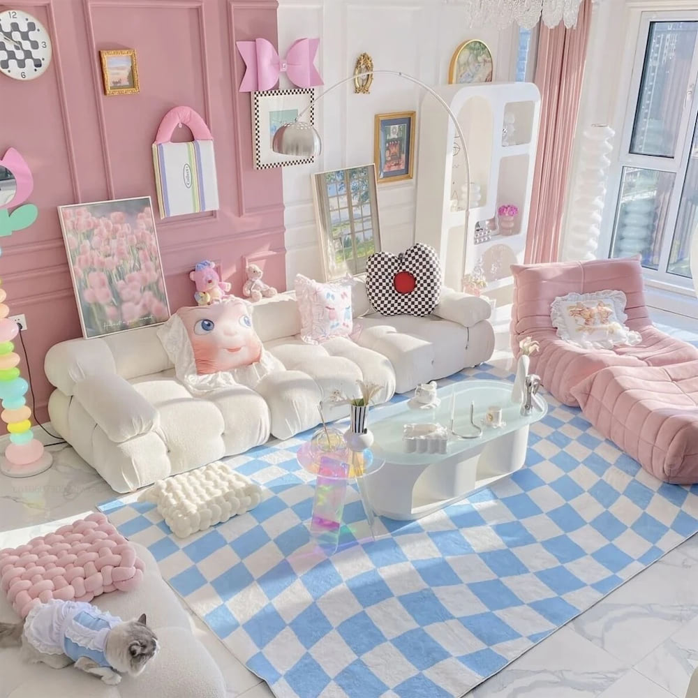 Soft Pastel Checker Pattern Carpet for Living Room, Bedroom - Plush & Stylish Home Decor for Cozy Spaces