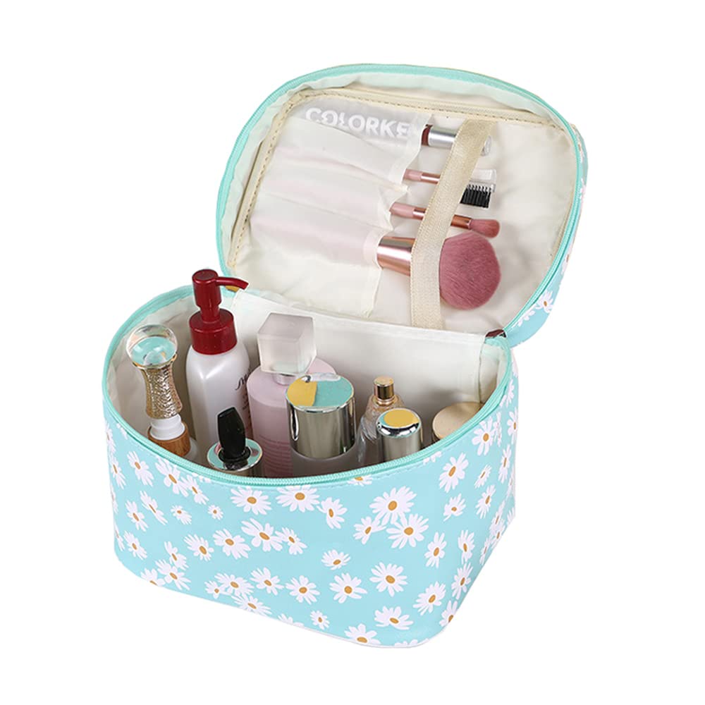 HOYOFO Large Waterproof Makeup Bag for Women - Travel Cosmetic Organizer with Brush Holder, PU Toiletry Storage Bag (Black Daisy) - Perfect for Travel, Gym & Daily Beauty Essentials