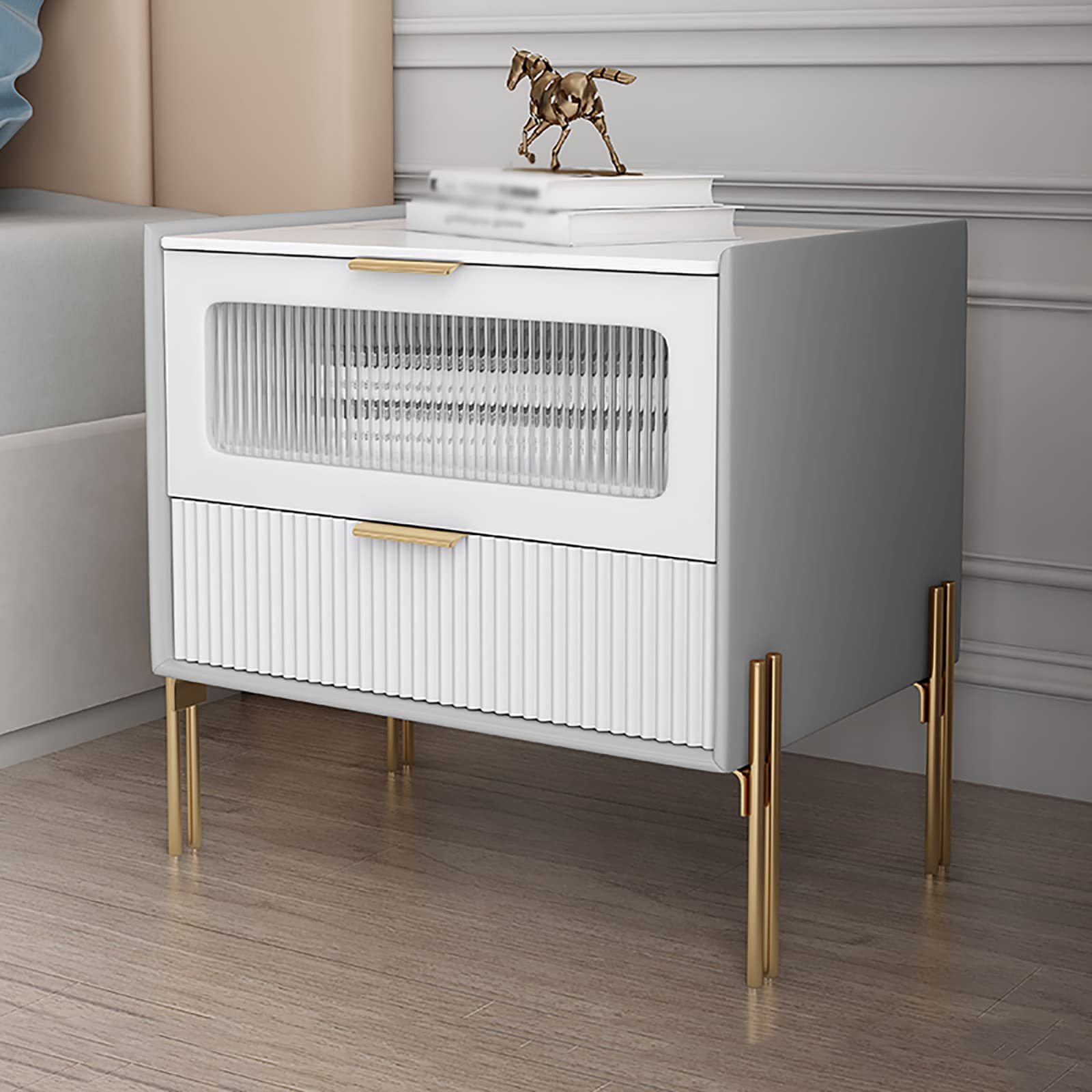 Modern Nightstand with Double Drawers - Sintered Stone Top Bedside Table with Carbon Steel Legs for Bedroom & Office (Light Gray) | Perfect for Storing Books, Lamps & Bedroom Essentials