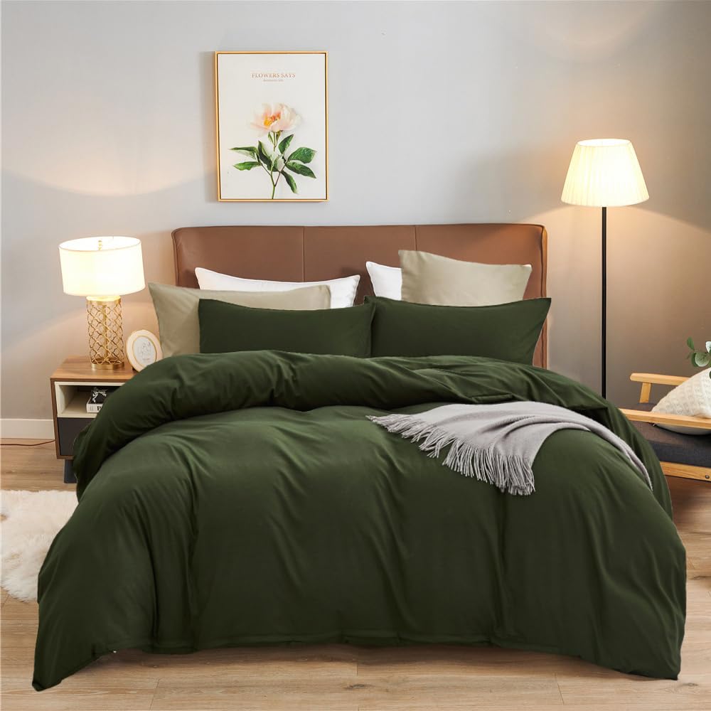 Wellboo Army Green Comforter Set - Twin Size, Solid Olive Green Boho Bedding, Soft & Cozy Cotton Quilt for Women & Men, Modern Hunter Green Blanket - Perfect for Dorm Rooms, Guest Beds & Cozy Nights