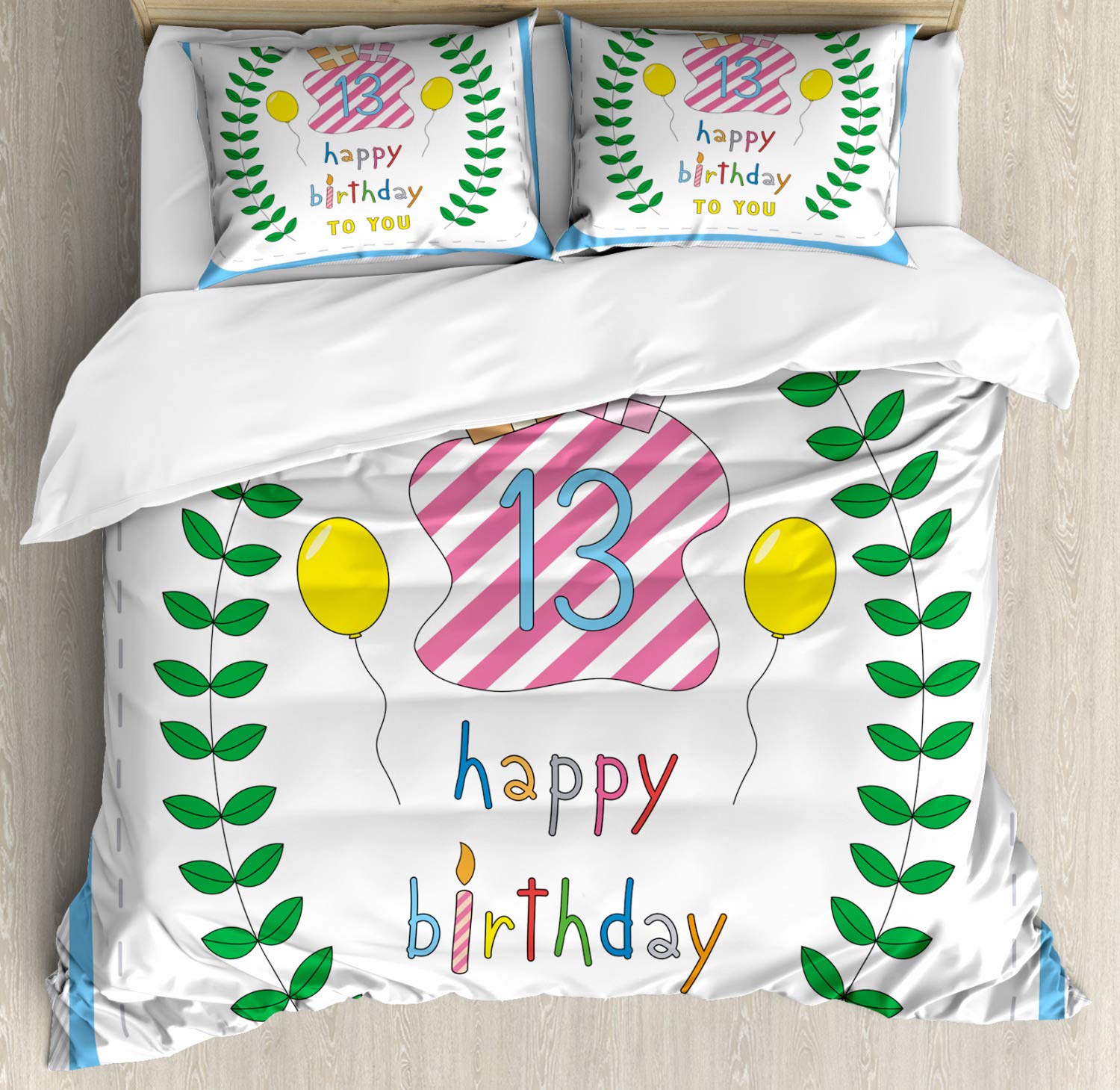 Ambesonne 13th Birthday Duvet Cover Set | Pastel Hand-Drawn Leaves, Balloons & Gifts Design | 3-Piece California King Bedding Set with 2 Pillow Shams | Perfect for Teen Bedrooms, Birthday Gifts & Room Decor