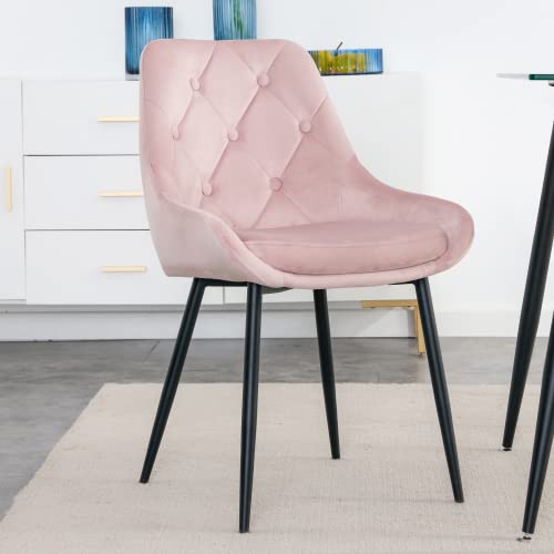 Modern Glass Dining Table Set with 4 Velvet Chairs - Rectangular Kitchen & Living Room Table with Black Legs (Pink) - Perfect for Small Spaces, Apartments, and Modern Home Decor