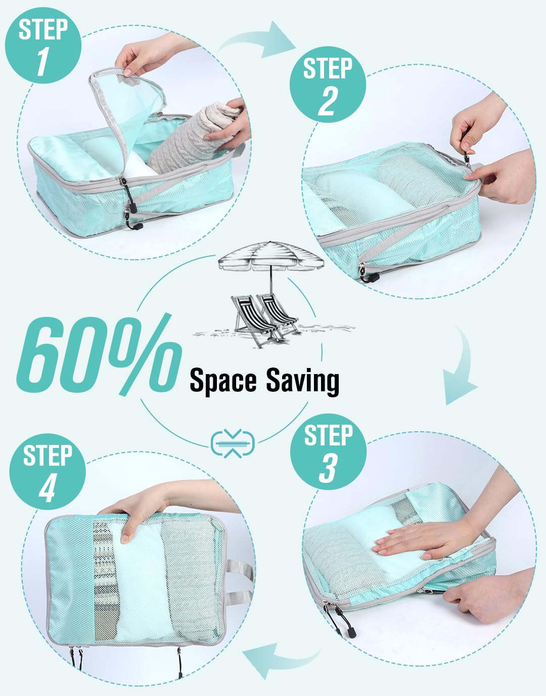 WOOMADA 6-Piece Compression Packing Cubes Set - Expandable Mesh Travel Organizer for Suitcases & Luggage - Perfect for Business Trips, Vacations & Weekend Getaways