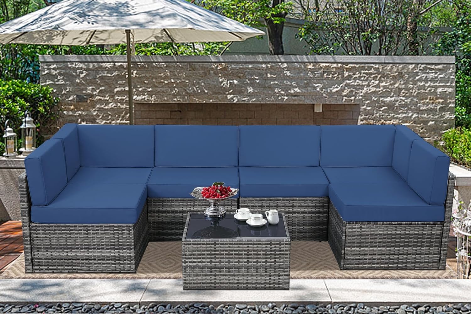 U-MAX 7-Piece Outdoor Patio Furniture Set - PE Rattan Wicker Sectional Sofa with Cushions & Coffee Table - Grey Rattan & Navy Blue Cushions - Perfect for Garden, Poolside, and Backyard Relaxation