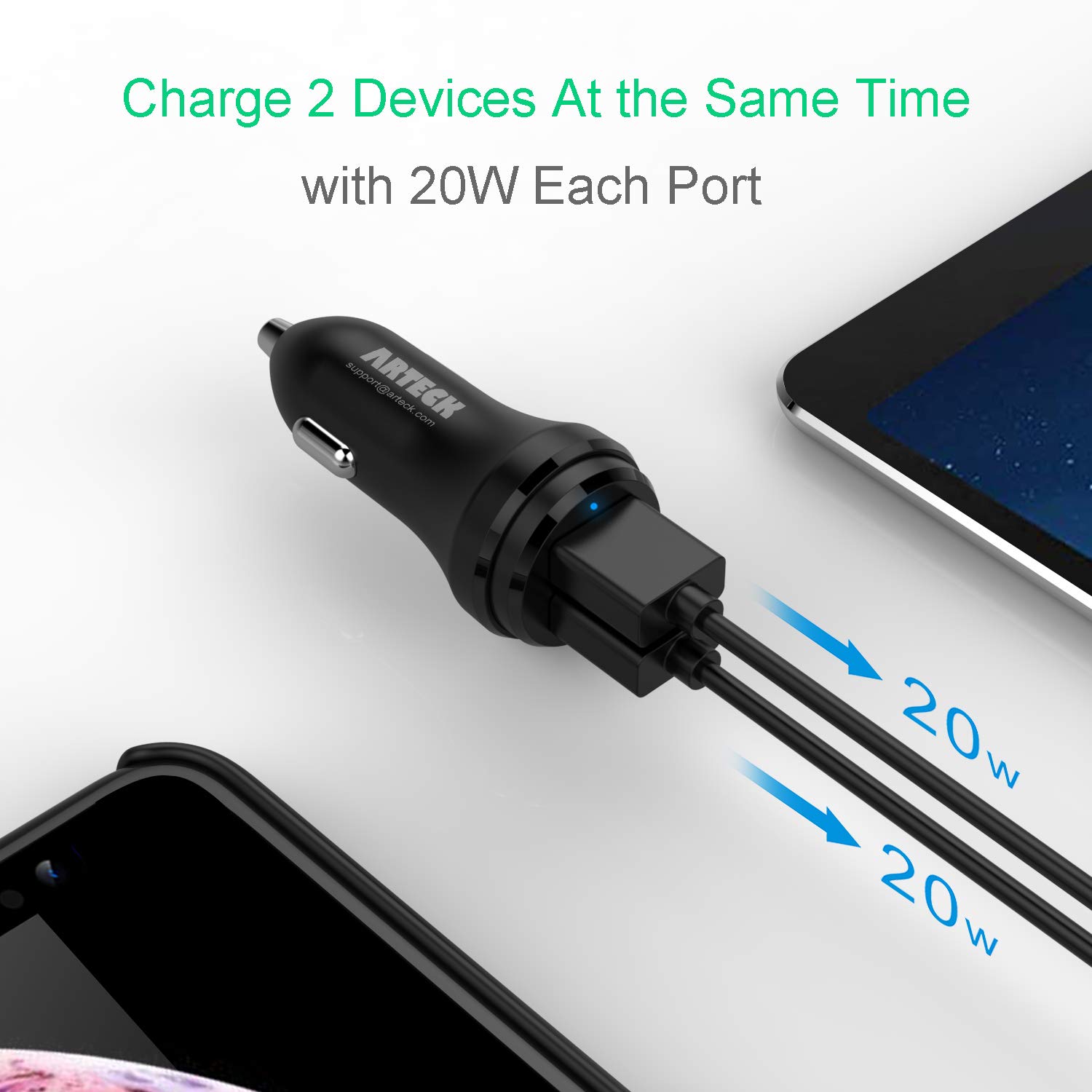 Arteck 40W Dual USB Car Charger with Quick Charge 3.0 - Fast Charging Adapter for iPhone 14/13/12/11 Series, iPad, Samsung Galaxy Note & More - Perfect for Road Trips & Daily Commutes