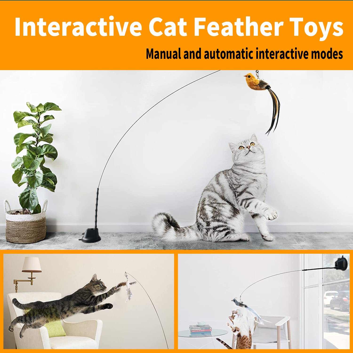 Interactive Cat Feather Toys with Super Suction Cup - 3 Pcs Detachable Replacement Set with Bells - Fun Indoor Play for Active Cats - Perfect for Exercise, Bonding & Mental Stimulation