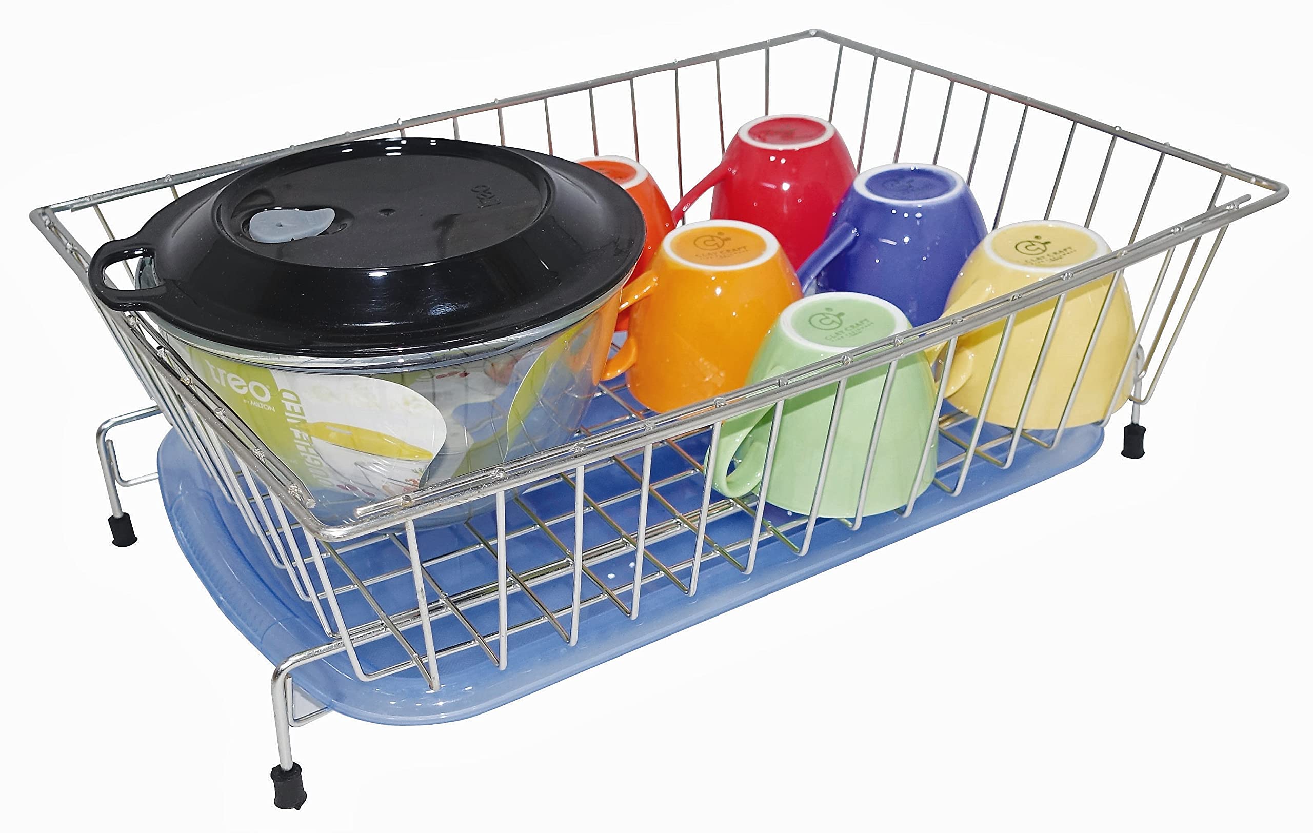 Amol® Premium Stainless Steel Kitchen Basket with Drain Tray - Dish Drainer & Utensil Organizer | Rustproof Kitchen Drying Rack for Sink Counter | Perfect for Dishwashing, Drying, and Kitchen Storage (Silver)