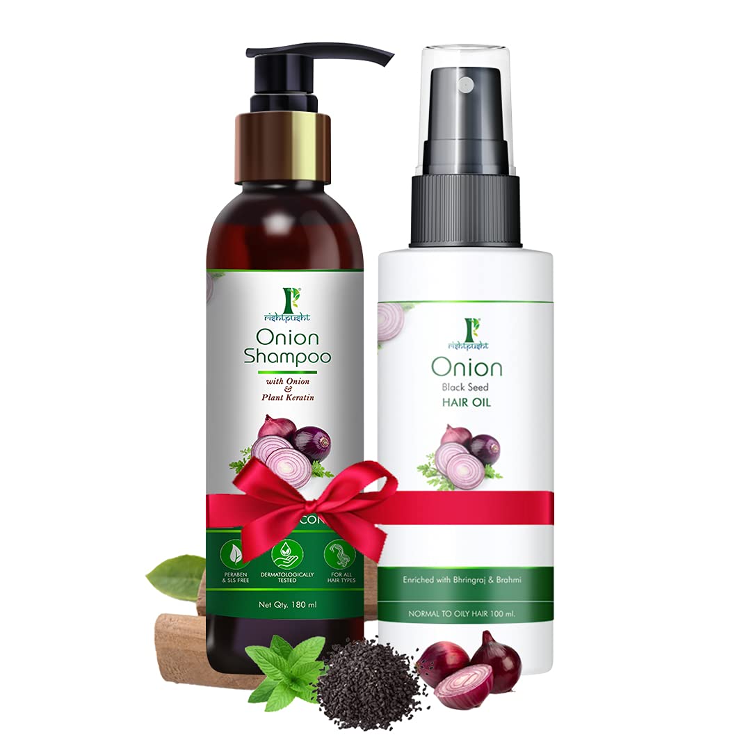 Rishtpusht Onion Oil & Shampoo Combo Kit with Black Seed Oil Extracts - Controls Hair Fall & Promotes Growth - No Mineral Oil, Silicones or Synthetic Fragrances (100ml + 180ml) - Perfect for Thinning Hair & Scalp Care