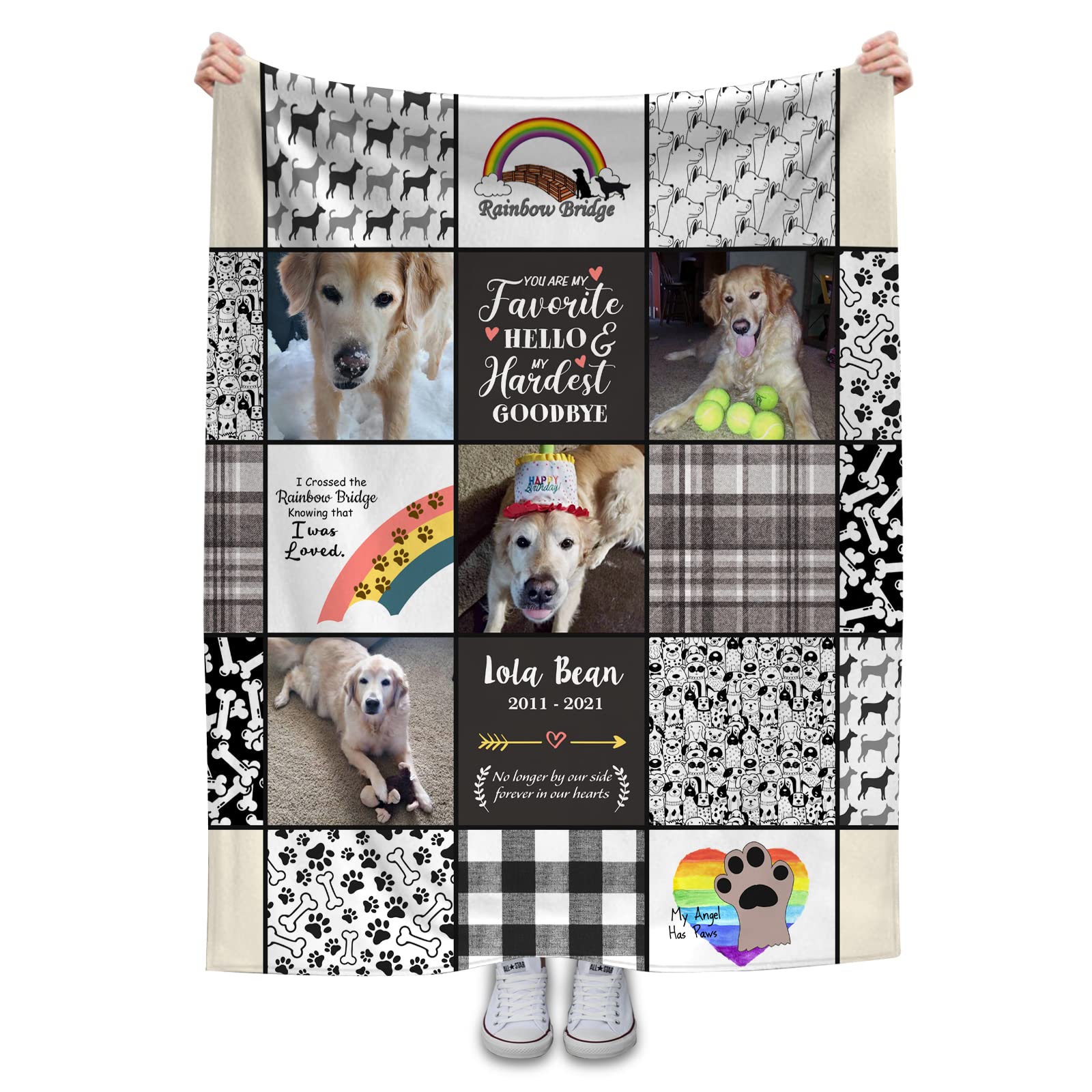 Custom Photo Collage Memorial Blanket for Dogs - Personalized Pet Loss Gift with Name & Rainbow Bridge Design - Sympathy Gift for Dog Lovers - Perfect for Comfort After Losing a Beloved Pet, Home Memorial, or Healing Gift for Dog Moms