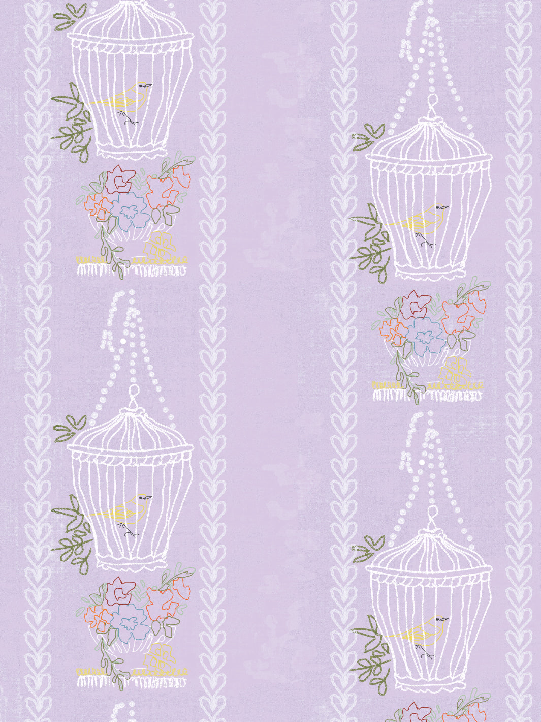 Lingua Franca Embroidered Birdcages Wallpaper - Lavender Floral Peel & Stick Wall Mural for Bedroom, Nursery, and Living Room Decor