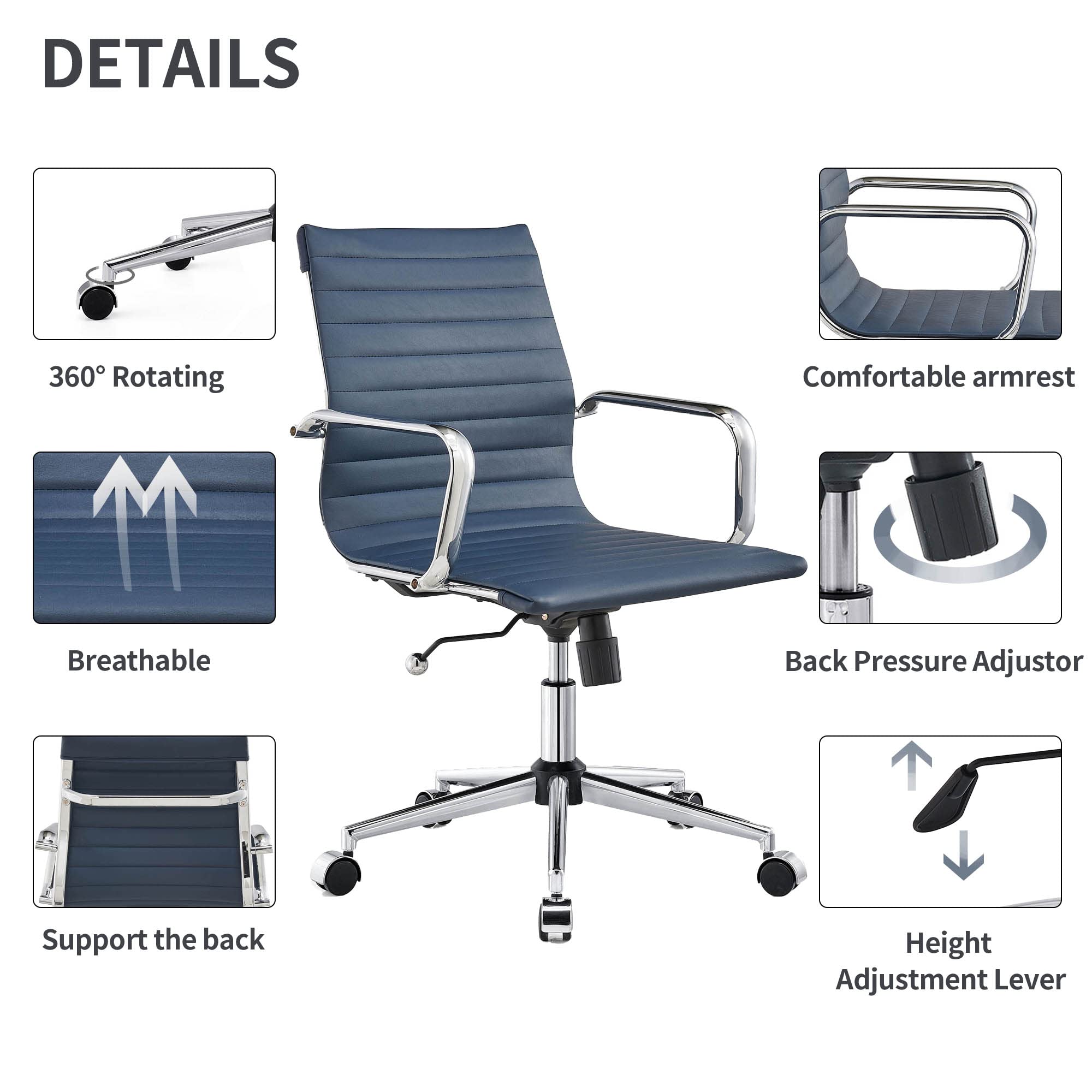 Ergonomic Leather Office Chair - Modern Swivel Executive Desk Chair with Ribbed Back Support for Home & Conference Room - Navy Blue (Perfect for Long Work Hours & Video Meetings)
