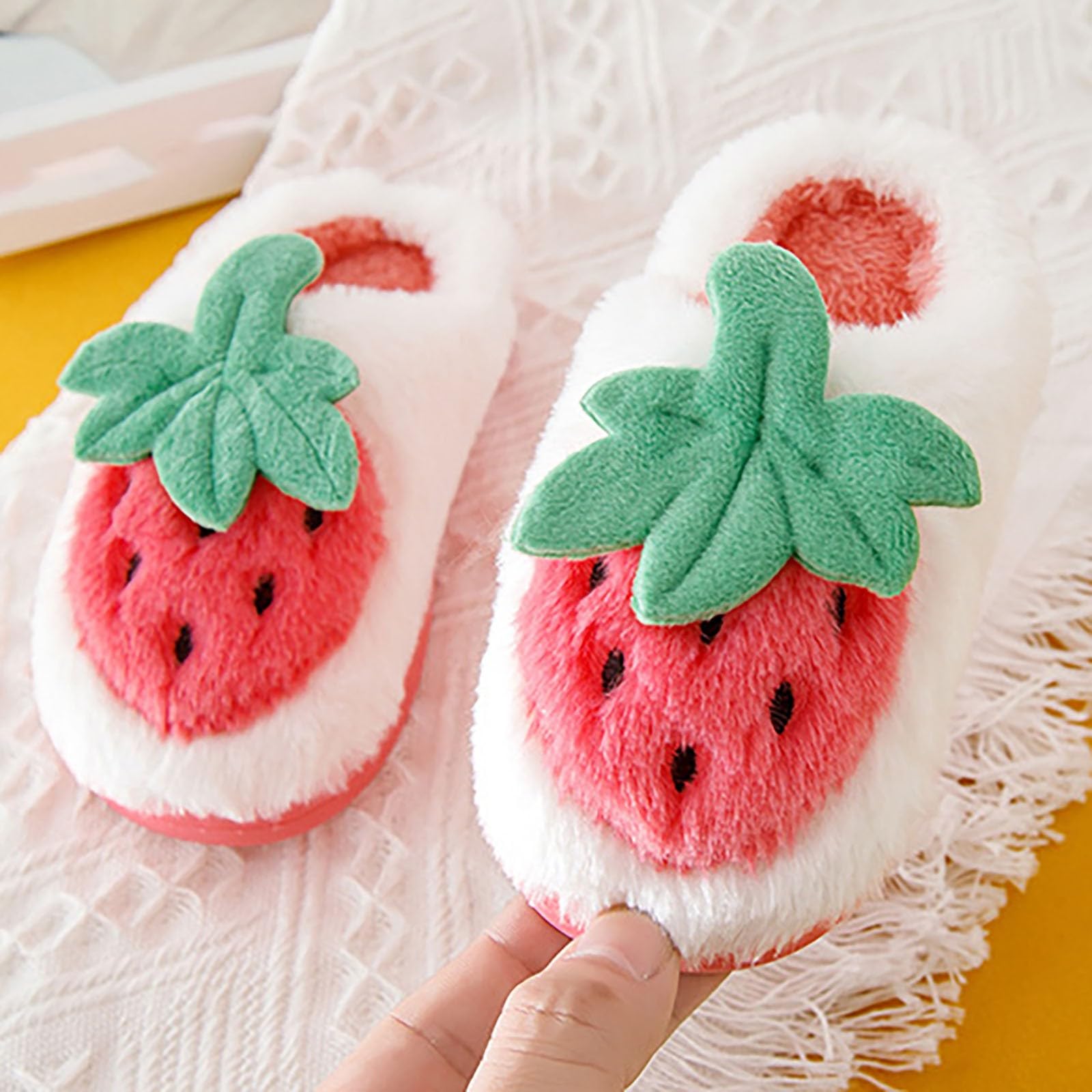 Toddler Girls Winter House Slippers - Cute Strawberry Cartoon Print Flocked Soft Shoes for Warm Indoor Wear | Cozy Home Slippers for Kids' Playtime & Relaxation