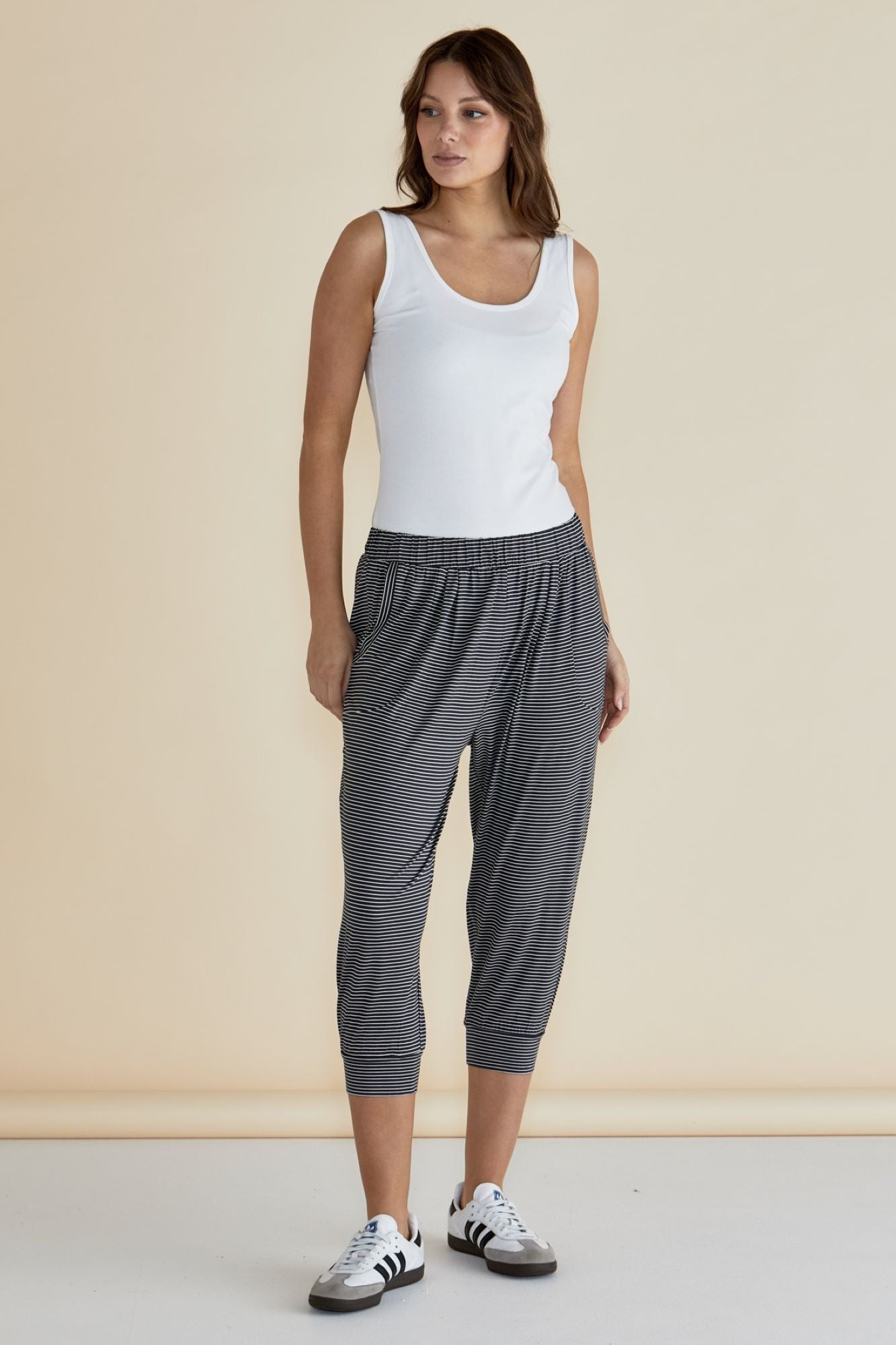 Betty Basics Women's 3/4 Length Tokyo Pants - Charcoal Stripe Casual Trousers for Work, Travel & Everyday Wear