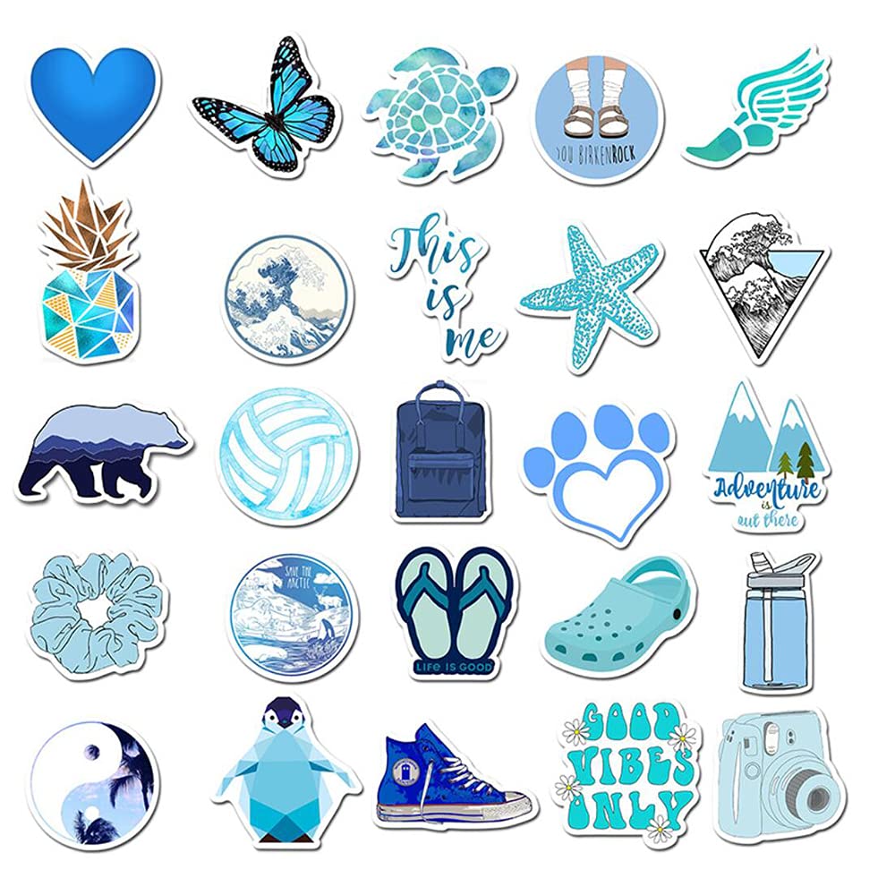 50 PCS Cute Blue Aesthetic Stickers for Girls - Waterproof Vinyl Decals for Water Bottles, Laptops, Phones - Perfect for Teens & Kids Room Decor, School Supplies, DIY Crafts & Gift Ideas