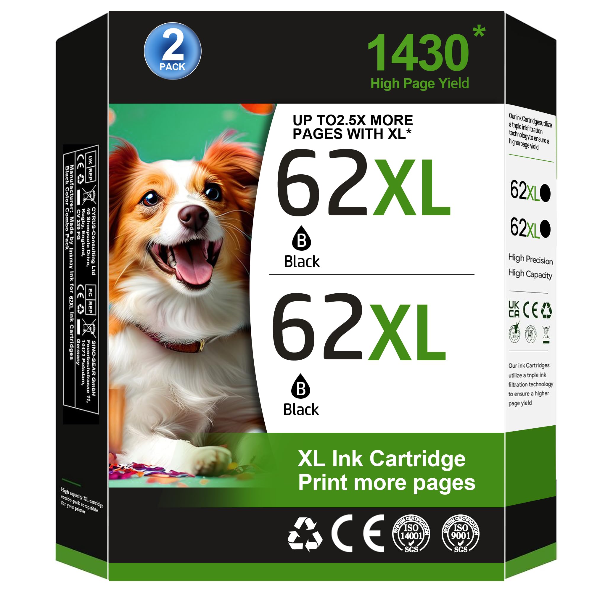 HP 62XL Black Ink Cartridge Replacement (2 Pack) - Compatible with HP Envy 5540, 5549, 5640, 5660, 7640, 7645 & OfficeJet 250, 200, 5740, 5741, 8040 Printers - High-Quality Printing for Home, Office & School Documents