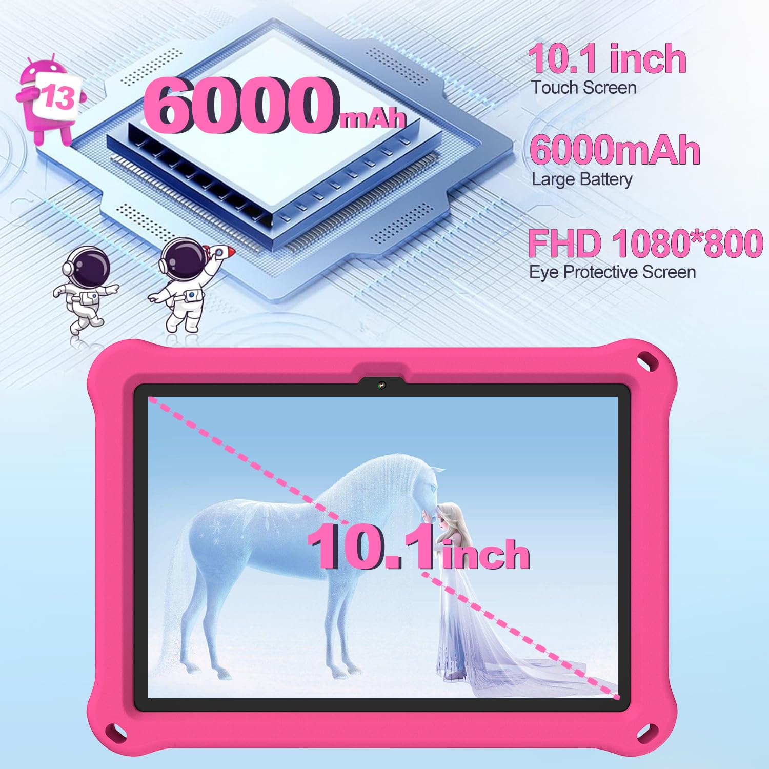YUMBOT 10.1 Inch Android 13 Kids Tablet - WiFi & Bluetooth, 1280x800 HD Display, 8GB RAM 128GB Storage, Quad-Core Processor, 6000mAh Battery, Dual Camera with Parental Controls - Perfect for Learning & Entertainment for Kids Ages 3-14