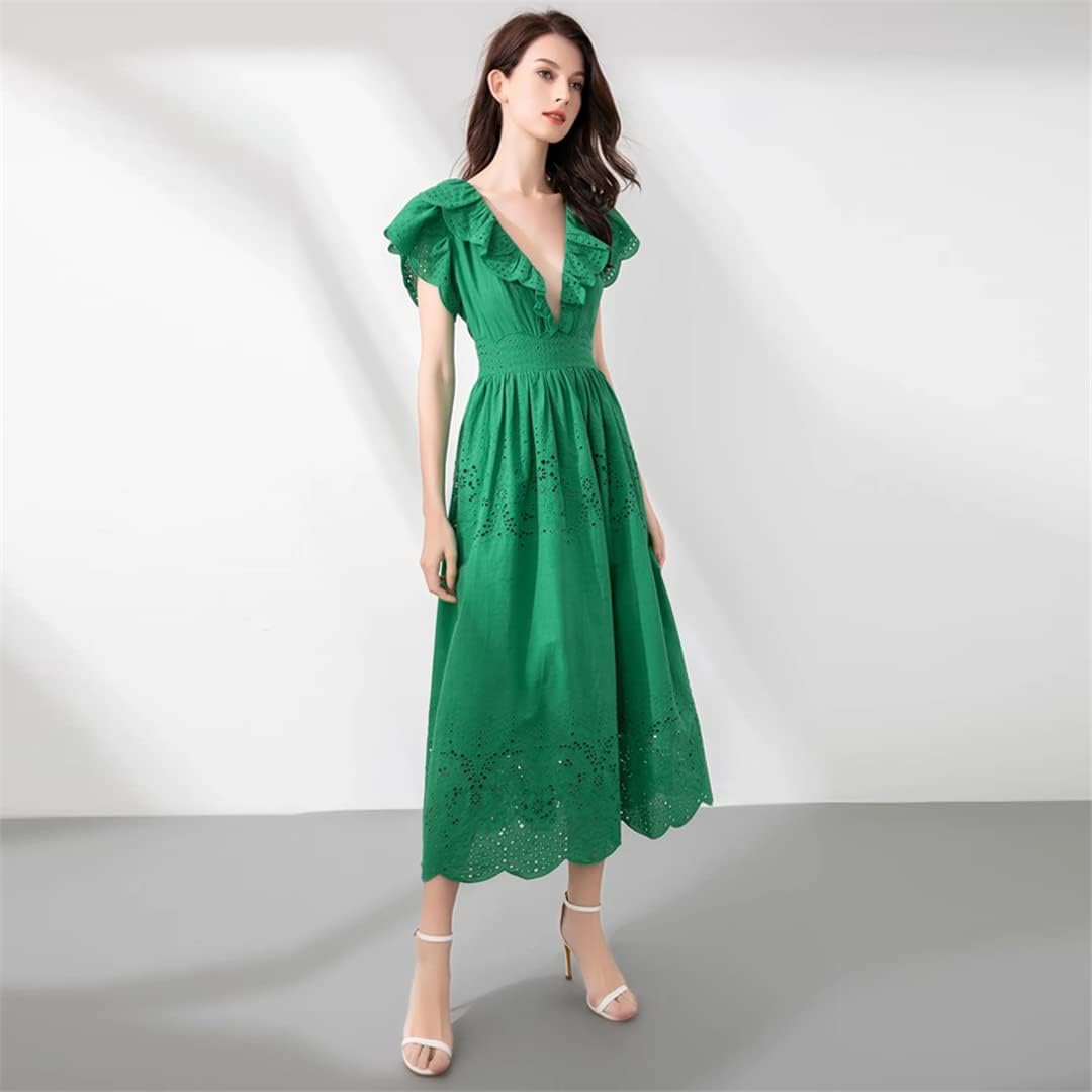 2022 Spring Summer Women's Deep V-Neck Hollow Out Sexy Long Dress - Elegant Green Designer Fashion Dress for Party, Wedding & Evening Events