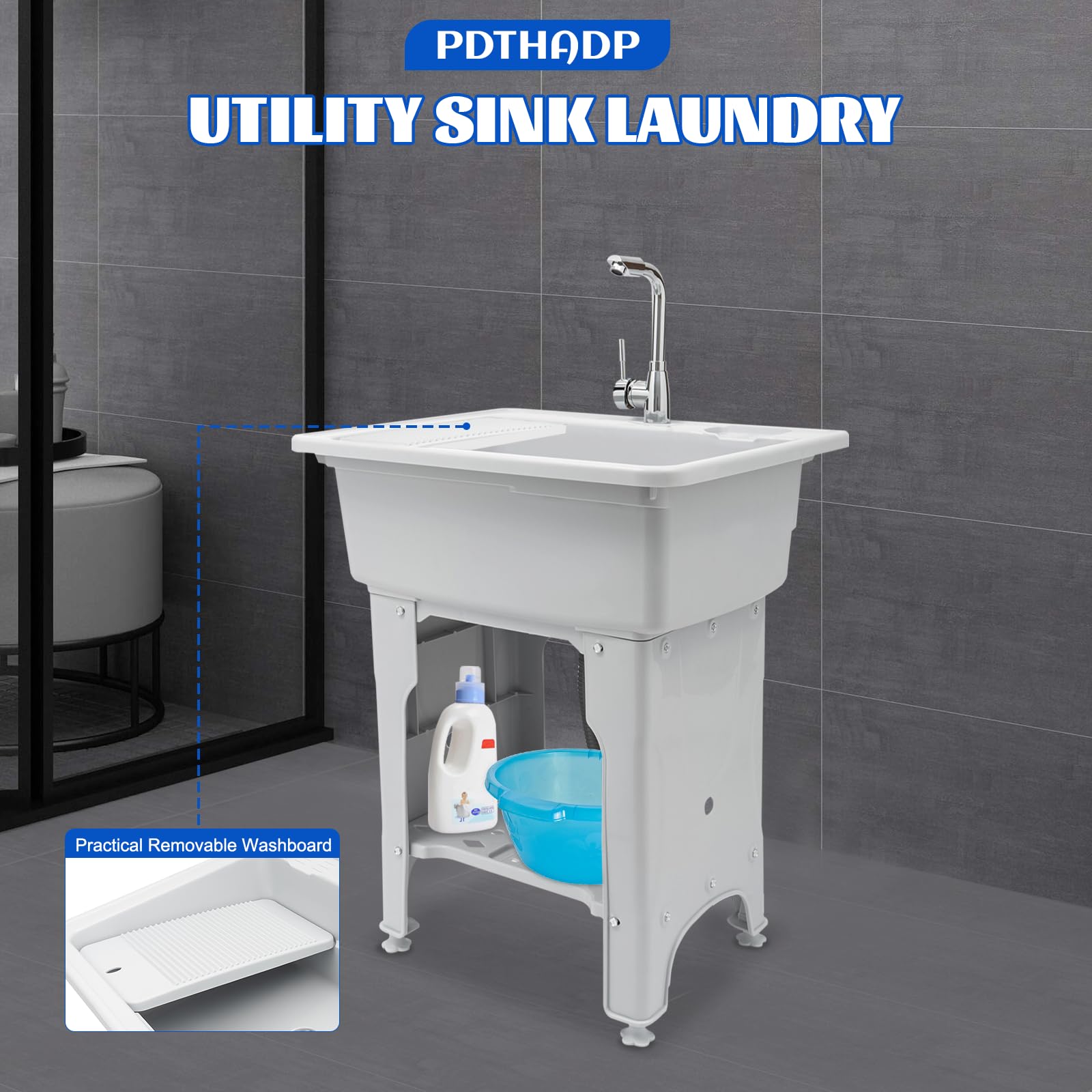 31.5 Inch Plastic Utility Sink with Washboard - Heavy Duty Laundry Tub with Hot/Cold Faucet - Freestanding Outdoor Laundry Sink for Garages, Basements & RV Use (Gray)