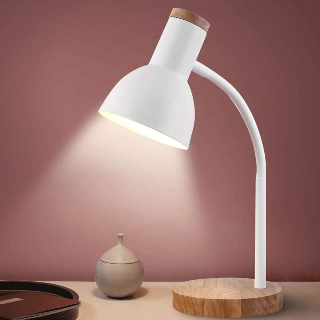 Adjustable Goose Neck Table Lamp with Wooden Base - Eye-Caring LED Desk Lamp for Study, Bedroom & Office - White Nightstand Lamp for Reading, Working & Relaxing