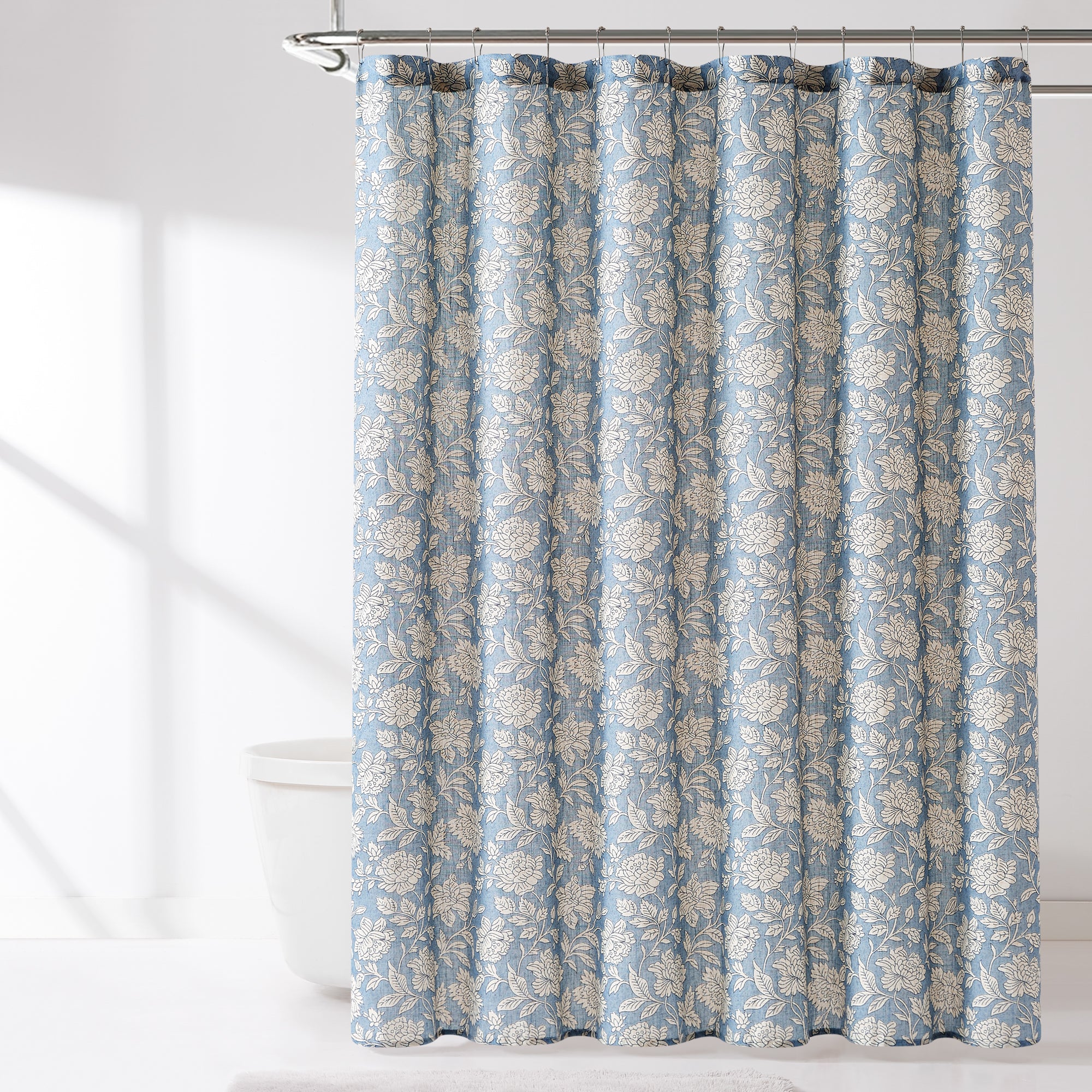 Zara Floral Block Linen Textured Shower Curtain - Waterproof Bathroom Decor for Modern & Vintage Style Homes