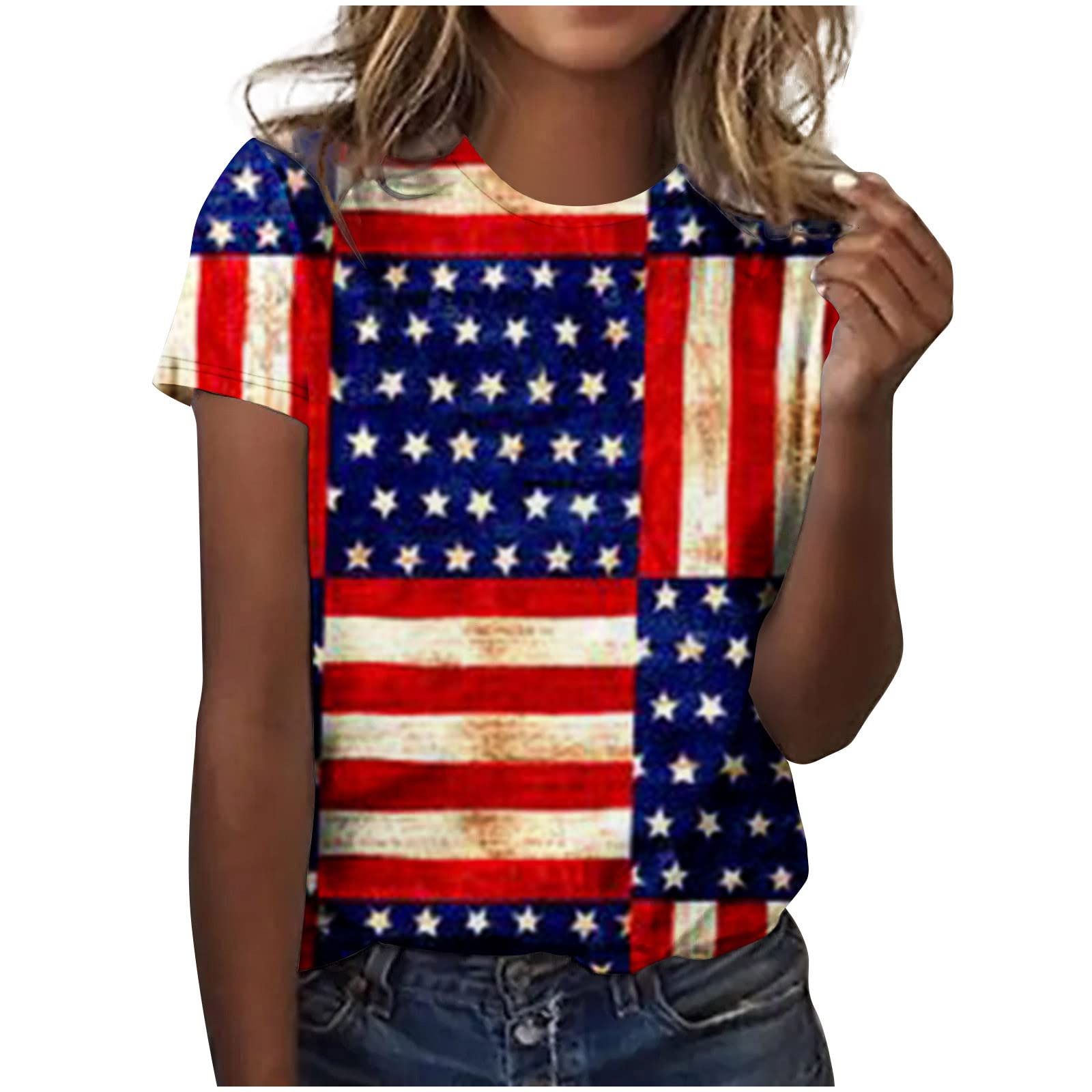 Women's Summer Tops - 4th of July Patriotic Round Neck Loose Fit Short Sleeve Casual T-Shirt | Comfortable Tunic Top for Independence Day Celebrations, Beach Outings & Casual Wear