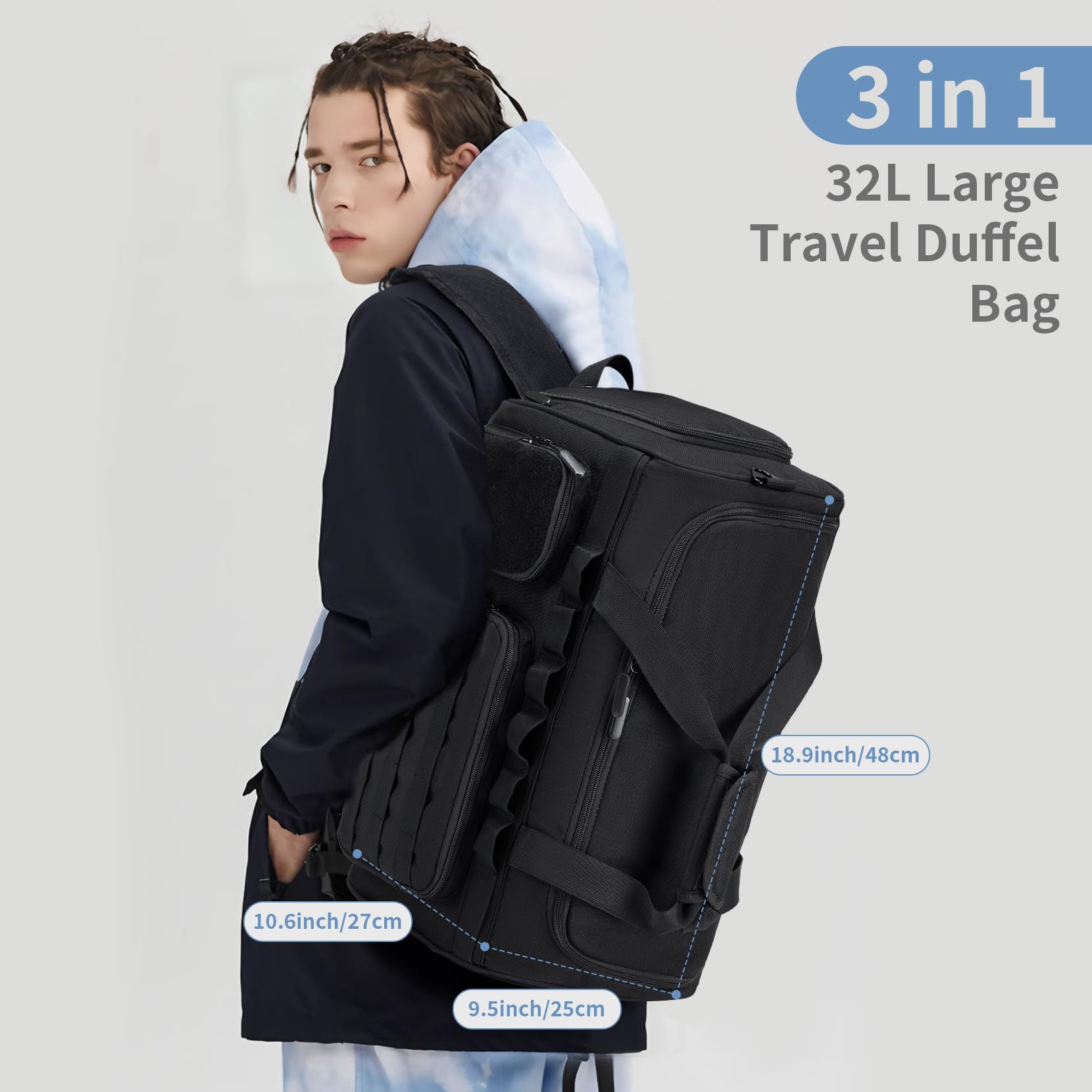 **Men's Tactical Duffle Bag - 3-in-1 Gym, Sports & Travel Backpack with Shoe Compartment & Wet Pocket - Military Style Weekender Overnight Bag (Black) - Perfect for Workouts, Travel & Outdoor Adventures**