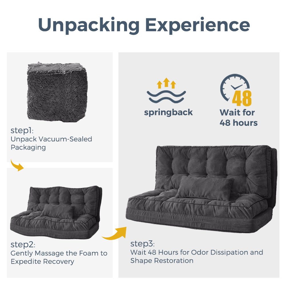 MAXYOYO Tufted Bean Bag Sofa Bed with Pillows - Foldable Floor Couch for Living Room, Bedroom & Dorm - Dark Grey - Perfect for Lounging, Gaming & Relaxation