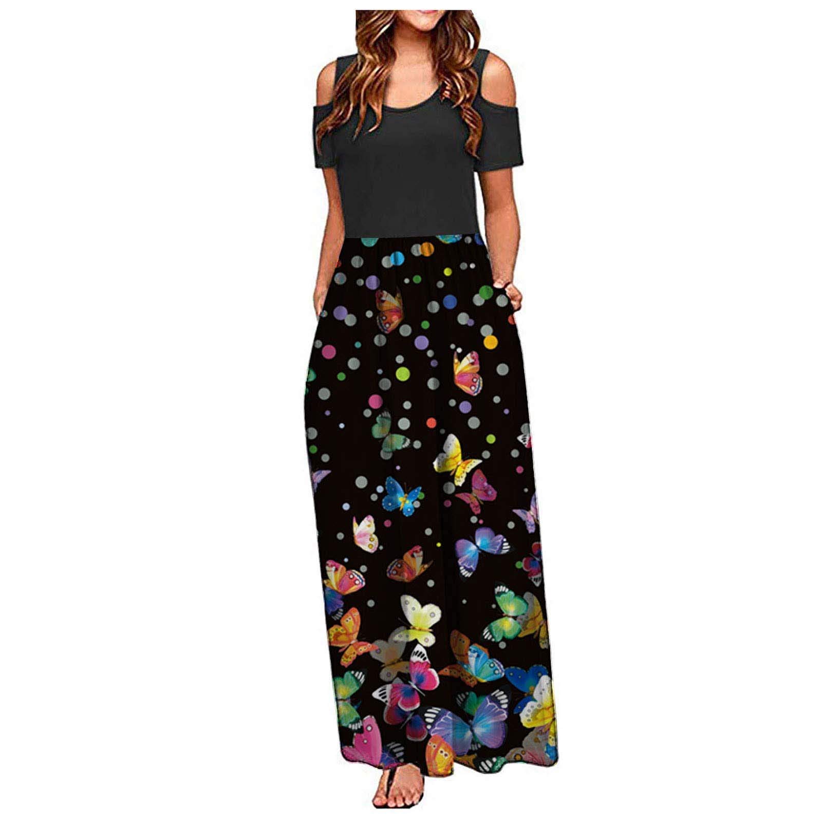 Elegant Patchwork Maxi Dress for Women - Floral Summer Sundress with Cold Shoulder & Short Sleeve | Perfect for Casual Wear, Office Work & Beach Outings