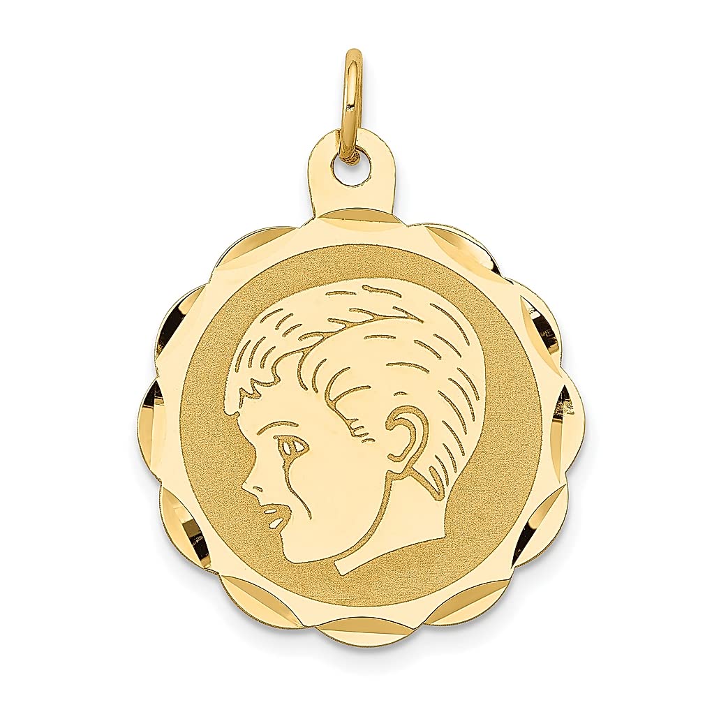 14K Yellow Gold Engravable Scalloped Disc Charm Necklace with Boy Head Design - Fine Jewelry Pendant for Women & Baby Girls - Perfect Gift for Her (Birthday, Christening, Mother's Day)