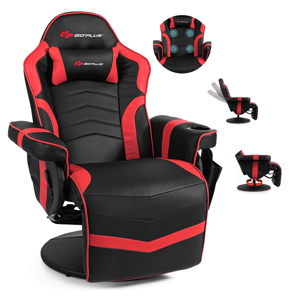 Powerstone Ergonomic Gaming Recliner Chair with Massage & Footrest - PU Leather Video Game Chair with Adjustable Headrest, Cup Holder & Side Pouch - Perfect for Gaming, Living Room & Home Theater Relaxation (Red)