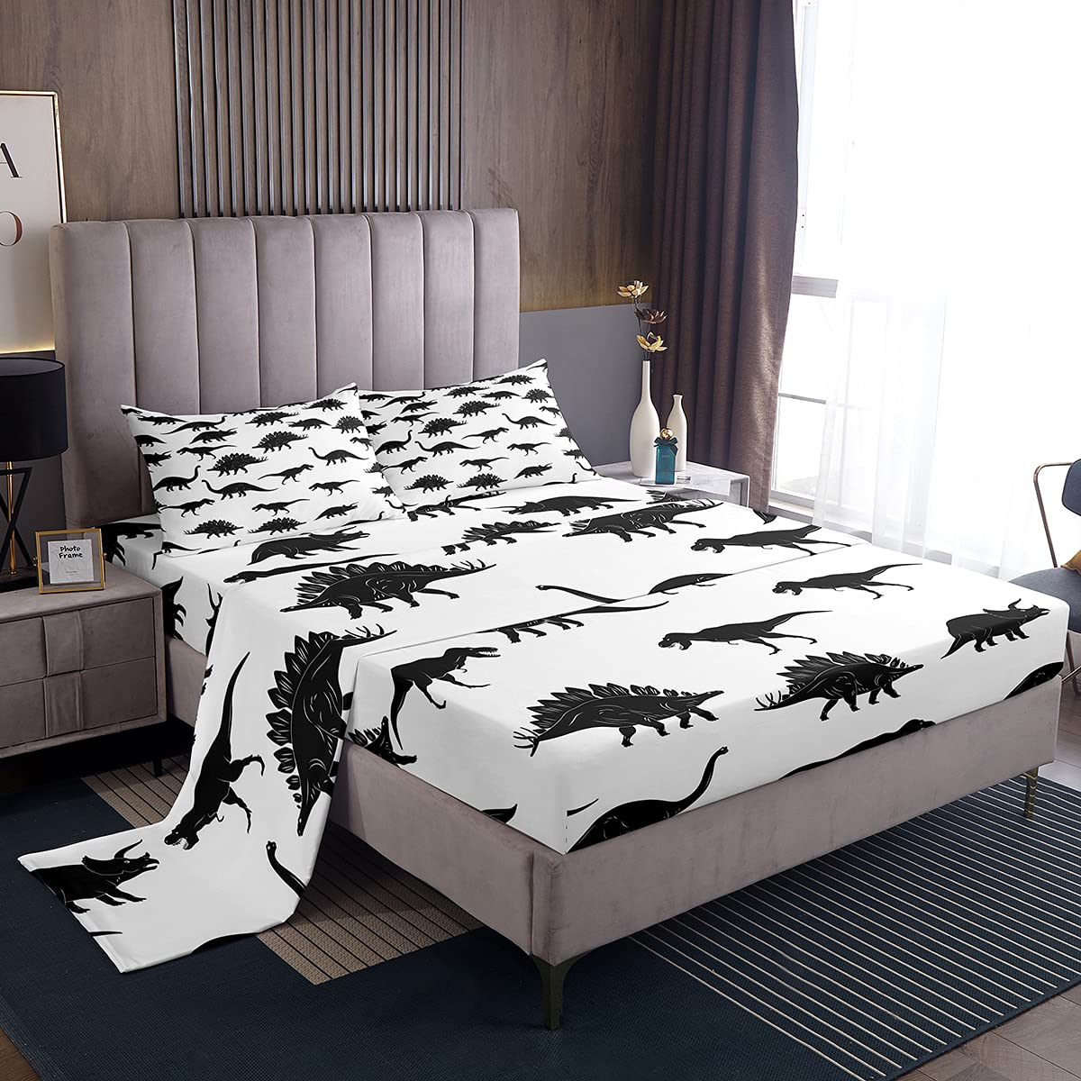 Erosebridal 4-Piece Dinosaur Bed Sheet Set for Kids - Full Size Boys Girls Jungle Animal Themed Fitted Sheet, Flat Sheet & 2 Pillowcases - Black White Wildlife Decor for Children's Bedroom, Teens Room & Dormitory | Perfect for Dinosaur Lovers, Jungle Theme Rooms & Kids Bedroom Makeovers
