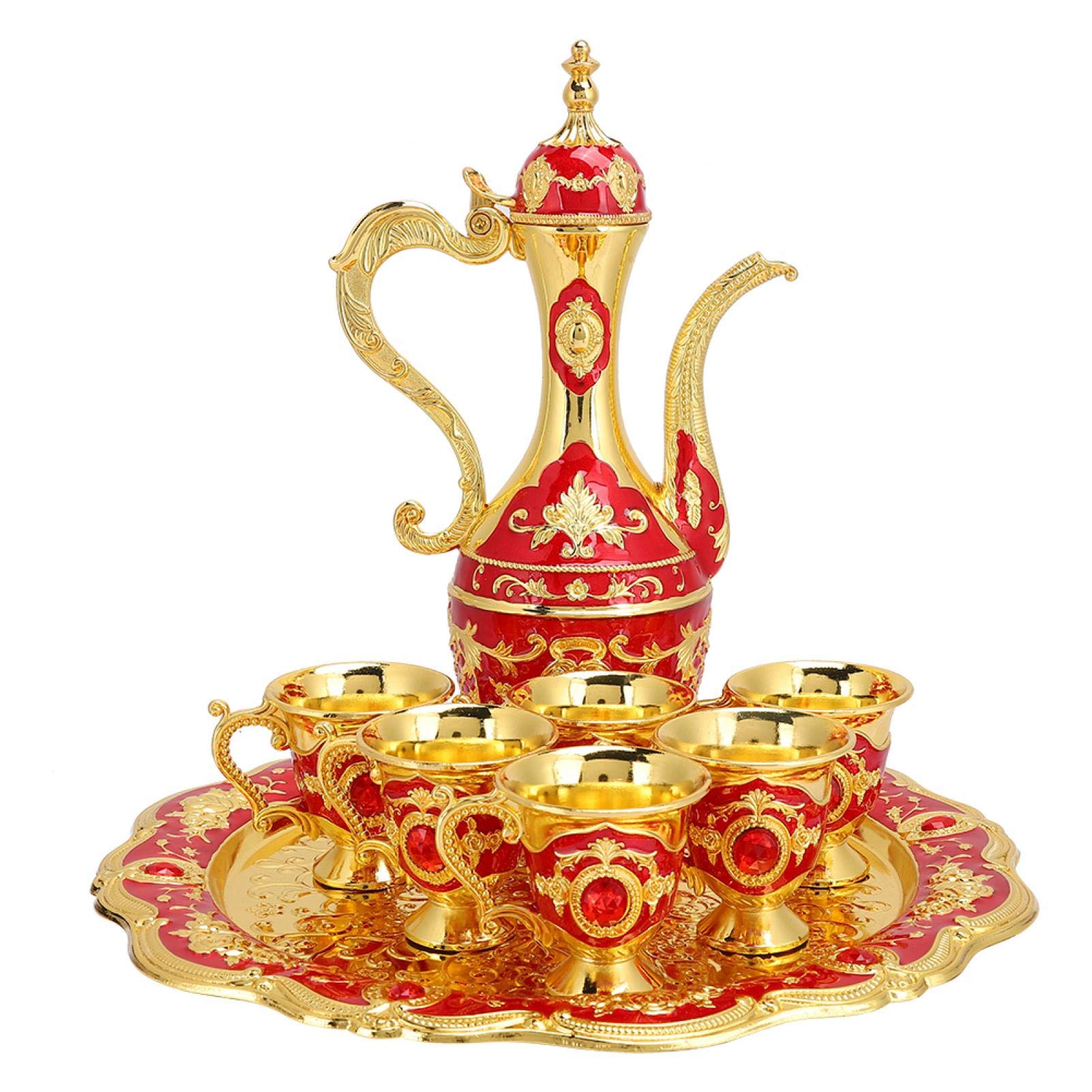 Vintage Turkish Coffee Pot Set with 6 Cups - Handcrafted Metal Tea Set & Tray - Perfect Wedding Gift (Red) - Ideal for Home Decor, Turkish Coffee Ceremonies & Tea Parties