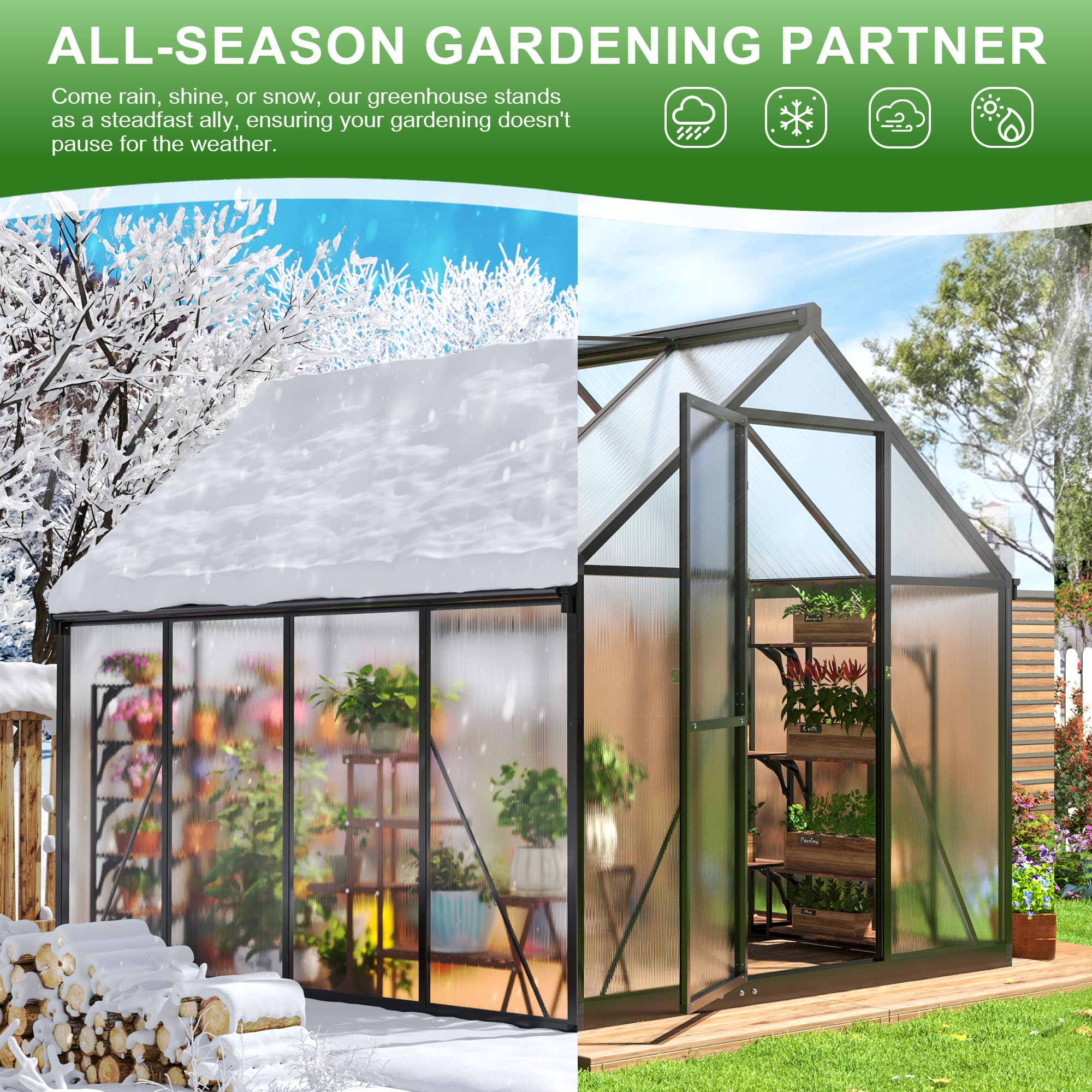 6x8 FT Polar Aurora Greenhouse - Quick Assembly Aluminum Frame with Polycarbonate Panels - Walk-in Outdoor Greenhouse with Ventilated Windows - Perfect for Backyard Gardening, Plant Growing & Home Farming