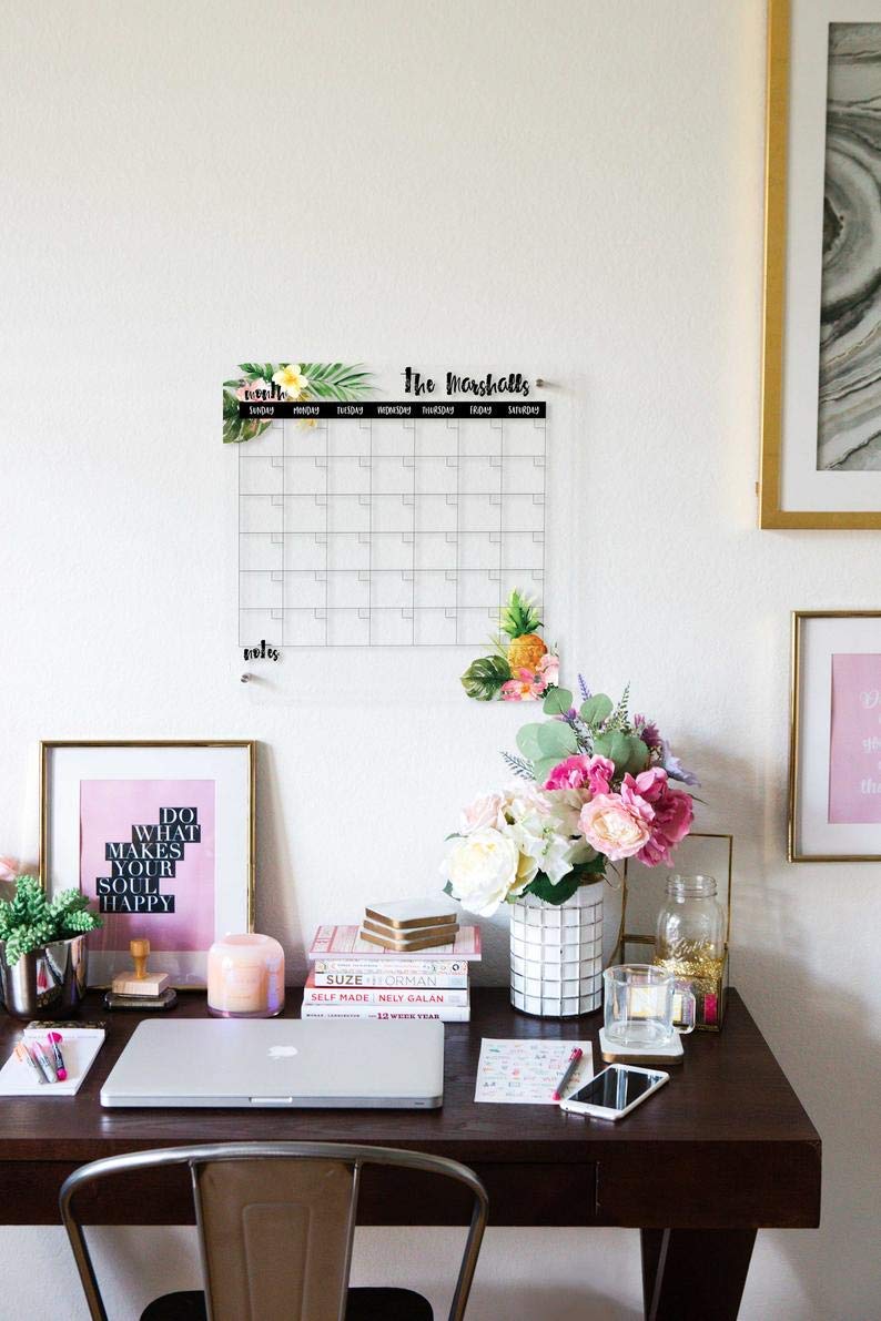 Clear Acrylic Wall Calendar - Dry Erase Monthly Planner with Tropical Design for Home Office & Family Command Center | Perfect for Scheduling, Reminders & Wall Decor