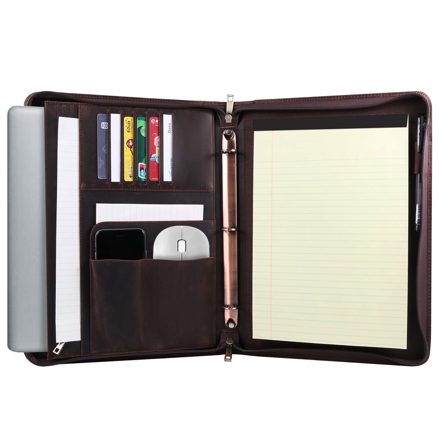 Handmade Vintage Crazy-Horse Leather 3-Ring Binder Portfolio with Zippered Closure - Professional Business Organizer Tablet Folio Folder for Men & Women (Dark Brown) - Perfect for Office, Meetings, and Corporate Gifts