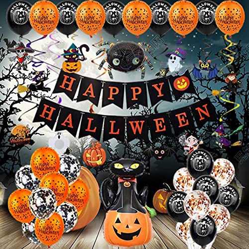 61pcs Halloween Party Decorations Set - Black Orange Banner, Confetti Balloons, Pumpkin Spider & Cat Paper Decor for Kids | Spooky Home & Classroom Halloween Decor