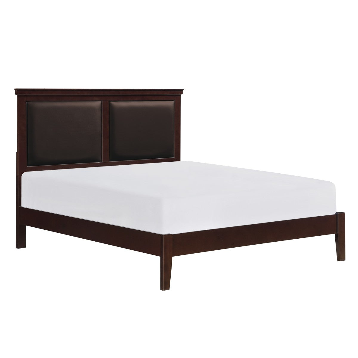 Cherry Finish Queen Size Bed Frame with Faux Leather Headboard - Complete Set with Headboard, Footboard & Side Rails - Perfect for Master Bedroom, Guest Room & Apartment Decor