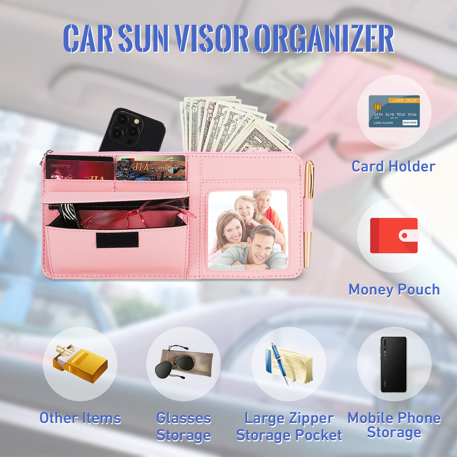Pink Car Visor Organizer with Glasses Holder & Picture Frame - Auto Sun Visor Storage for Women - Essential Truck Accessories for Sunglasses, Cards & Photos - Perfect for Road Trips & Daily Commutes