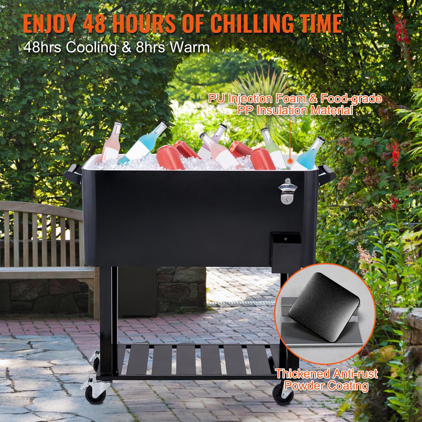 VEVOR 80 Quart Rolling Ice Chest Cooler Cart with Wheels - Portable Drink Cooler for Beverages, Beer & Wine - Outdoor Bar Cooler with Bottle Opener & Handles - Perfect for Patio, Backyard, BBQ, Pool Party & Tailgating - Black