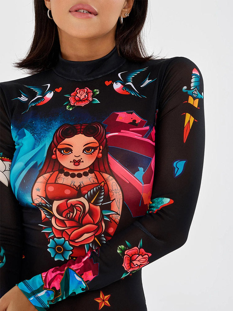 ZASUWA Women's Unique Halloween Print Bodysuit - Sexy Costume Bodysuit for Halloween Parties, Cosplay & Night Out