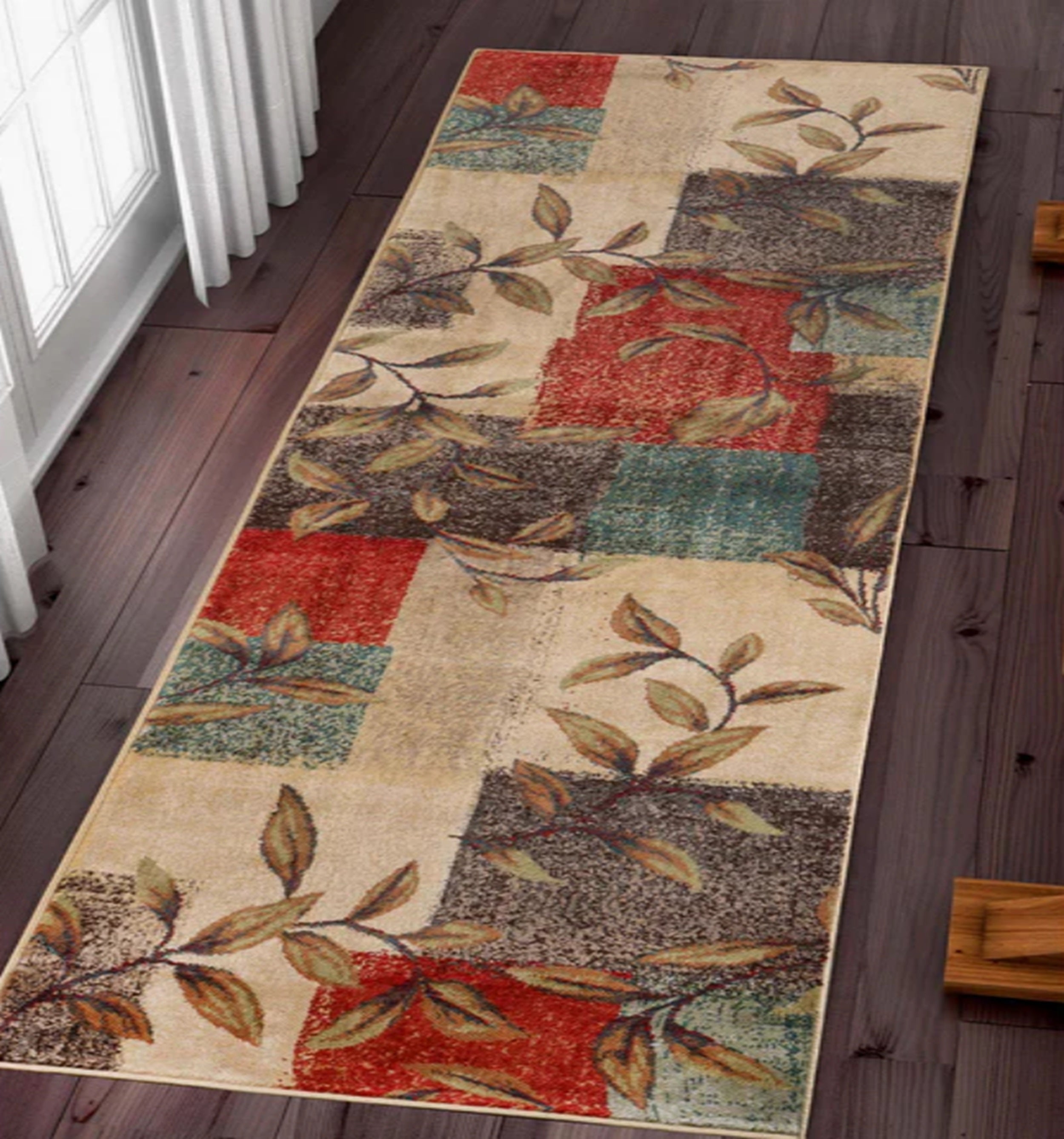 Zedler Patchwork Rustic Leaves Indoor Runner Rug - Non-Slip Bohemian Style Entryway Carpet for Living Room, Bedroom & Hallway Decor