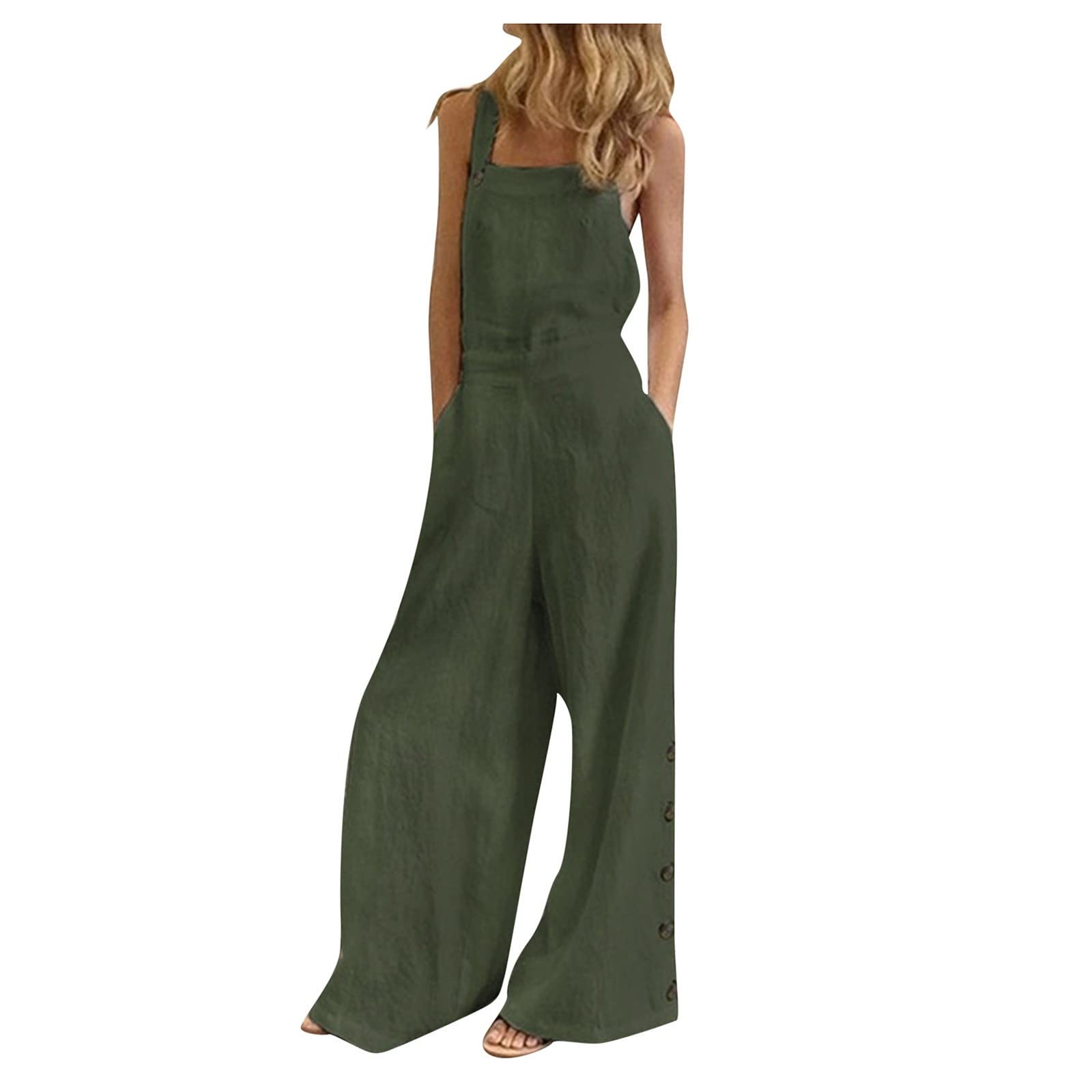 Messigaot Women's Cotton Linen Jumpsuit - Baggy Long Wide Leg Overalls with Loose Pockets & Button Bib - Casual Summer Outfit for Beach, Travel and Everyday Wear