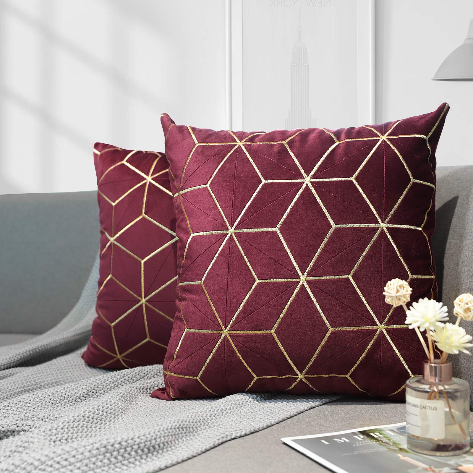 Lewondr 2-Pack Golden Embroidery Velvet Throw Pillow Covers 18x18 Inches (45x45cm) - Soft Luxury Velvet Cushion Cases with Elegant Rhombus Pattern Embroidery for Sofa, Bed & Car Decor - Wine Red Home Accent Pillows