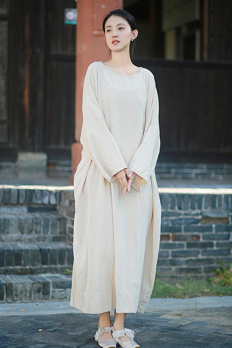 Vintage Floral Long Sleeve Linen Maxi Dress for Women - Boho Chic Beach Cover Up, Summer Wedding Guest Dress & Casual Daytime Outfit