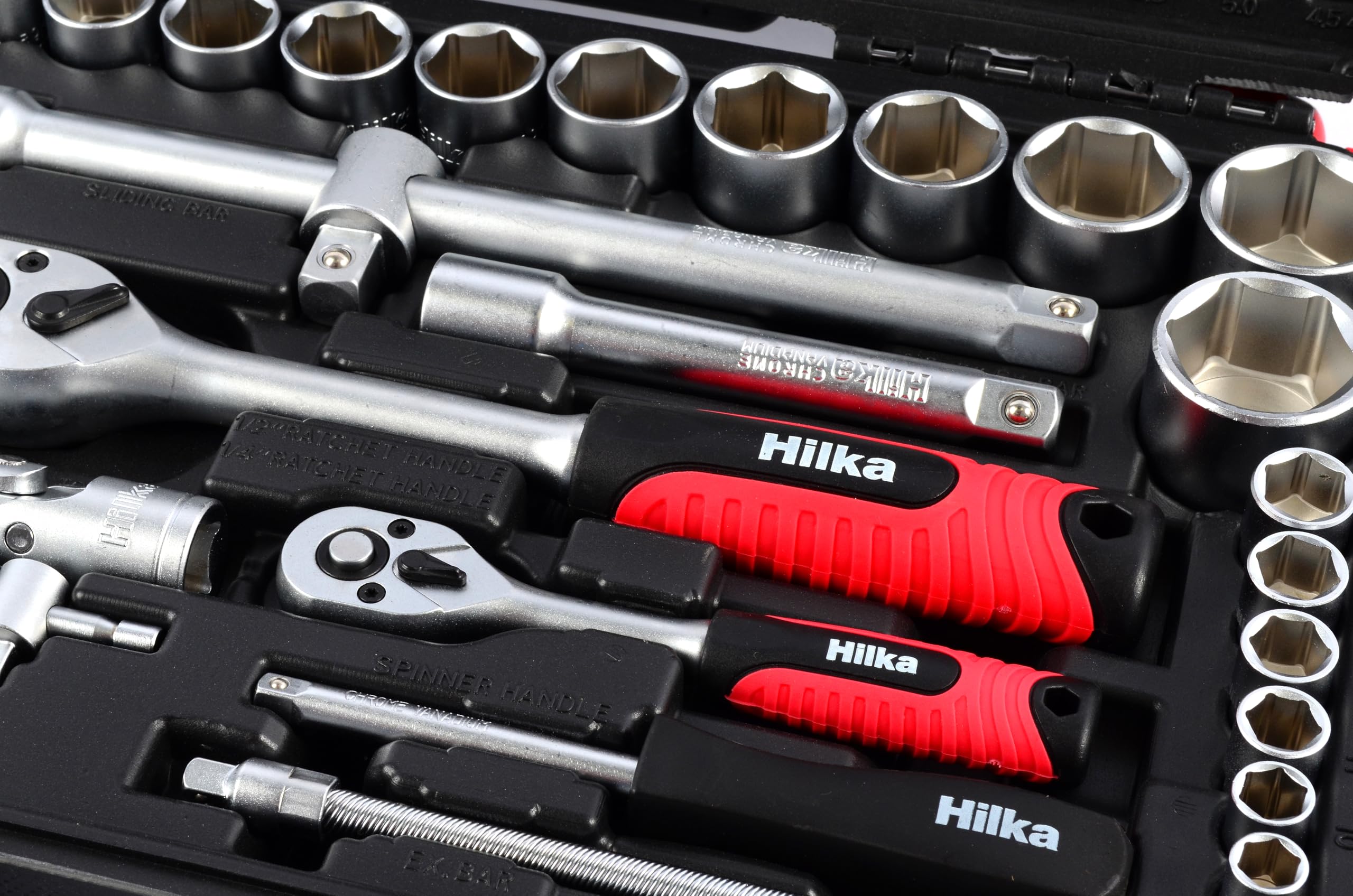 Premium 1/4-Inch & 1/2-Inch Black/Silver Drive Socket Set - 01110094 Professional Tool Kit for Automotive Repair & DIY Projects